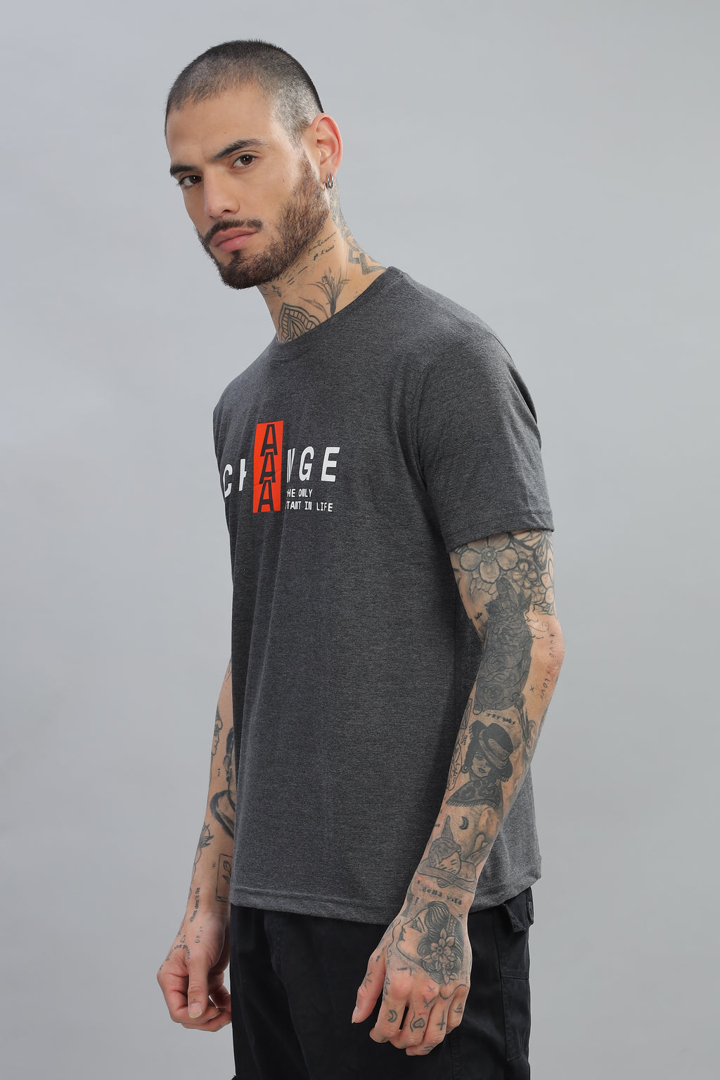 Spice Wardrobe Men’s Gray Premium Cotton Printed T-Shirt 100% Pure Cotton | Comfortable Regular Fit for Casual & Active Wear