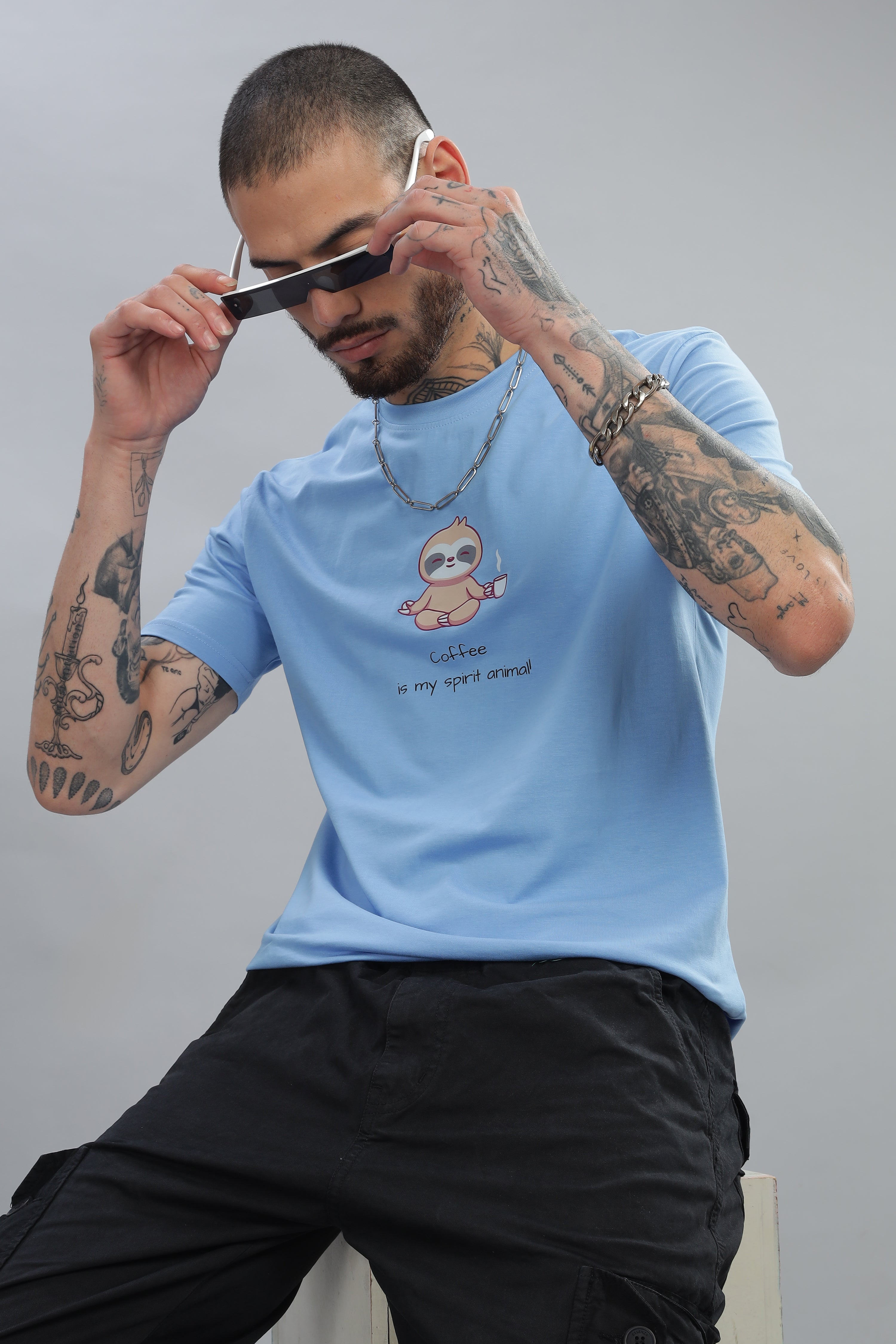 Spice Wardrobe Men’s Electric Blue Premium Cotton Printed T-Shirt 100% Pure Cotton | Comfortable Regular Fit for Casual & Active Wear