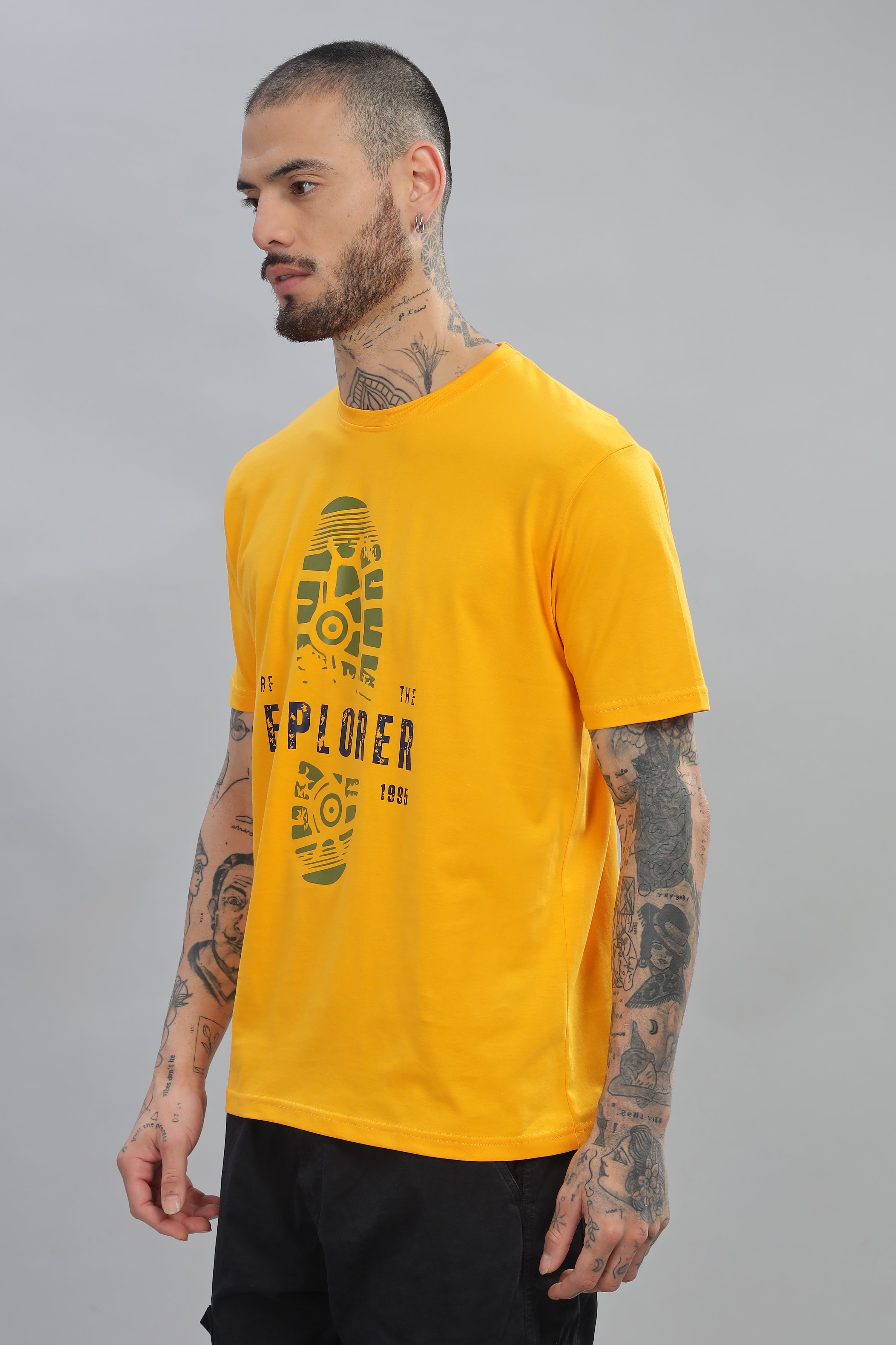Spice Wardrobe Men’s Yellow Premium Cotton Printed T-Shirt 100% Pure Cotton | Comfortable Regular Fit for Casual & Active Wear