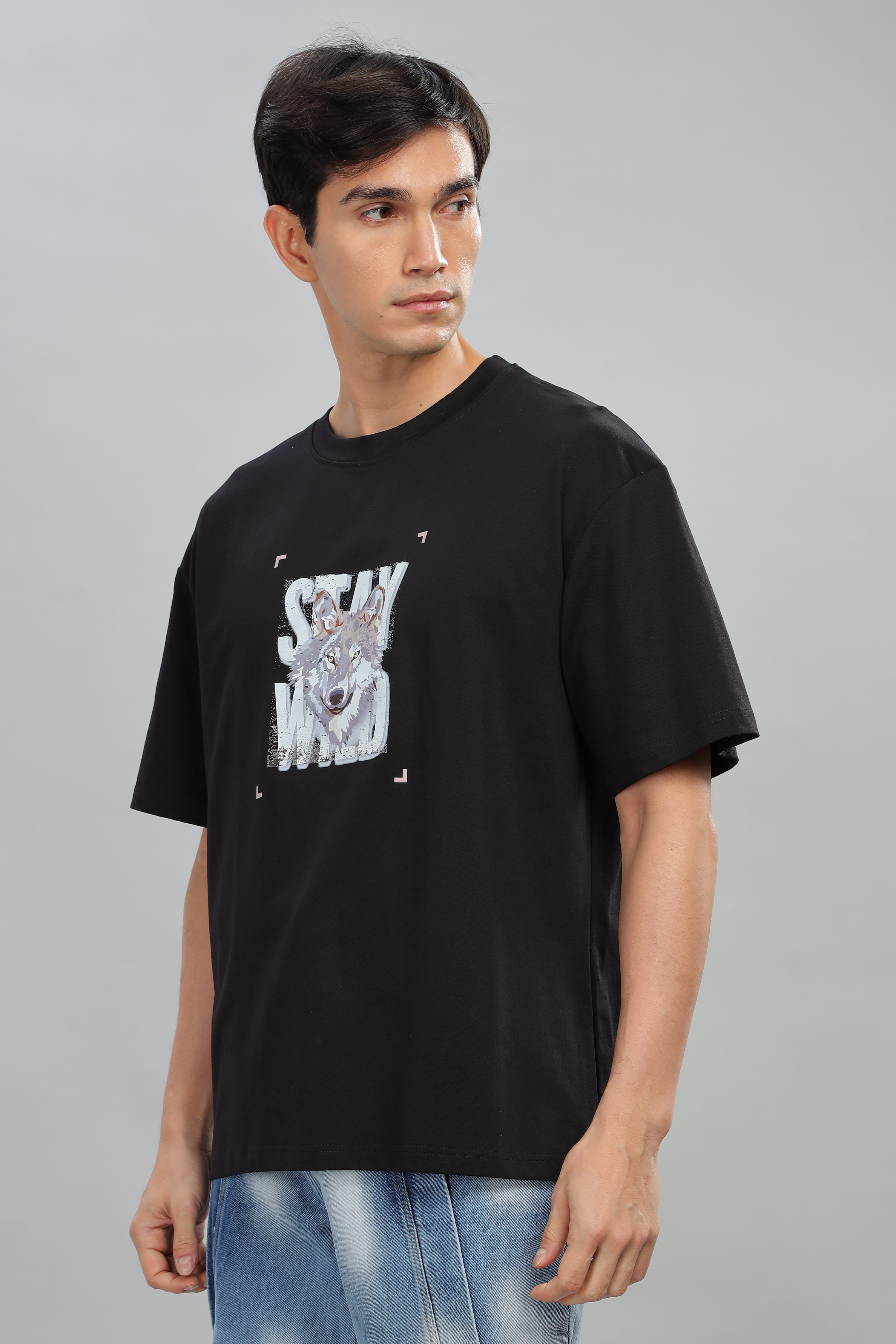 Spice Wardrobe Men Half Sleeve Oversized T-shirt, Round Neck Longline Drop Shoulder |Black Printed Relaxed Fit T-Shirt 100% Cotton 220 GSM Fabric