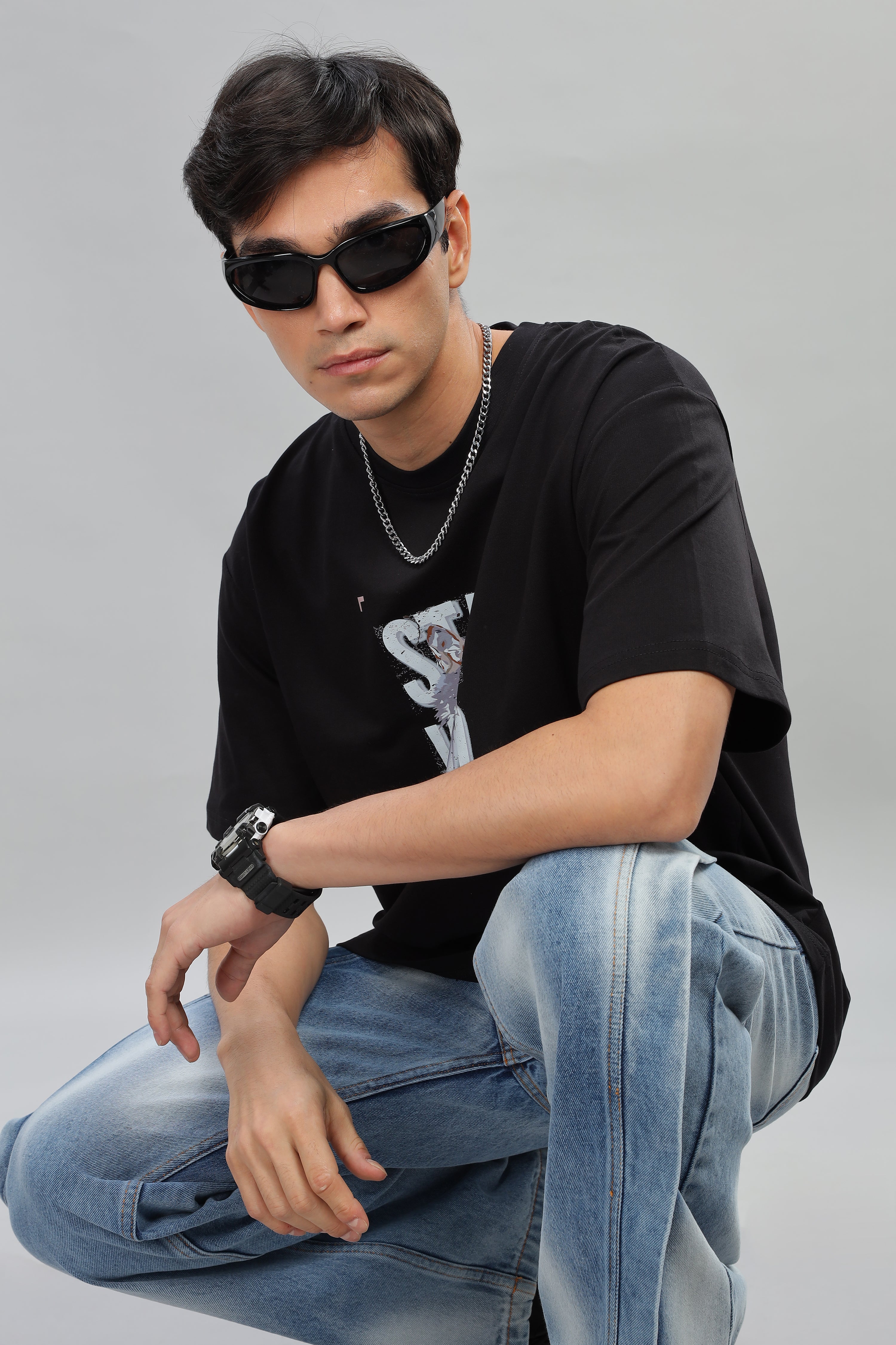 Spice Wardrobe Men Half Sleeve Oversized T-shirt, Round Neck Longline Drop Shoulder |Black Printed Relaxed Fit T-Shirt 100% Cotton 220 GSM Fabric