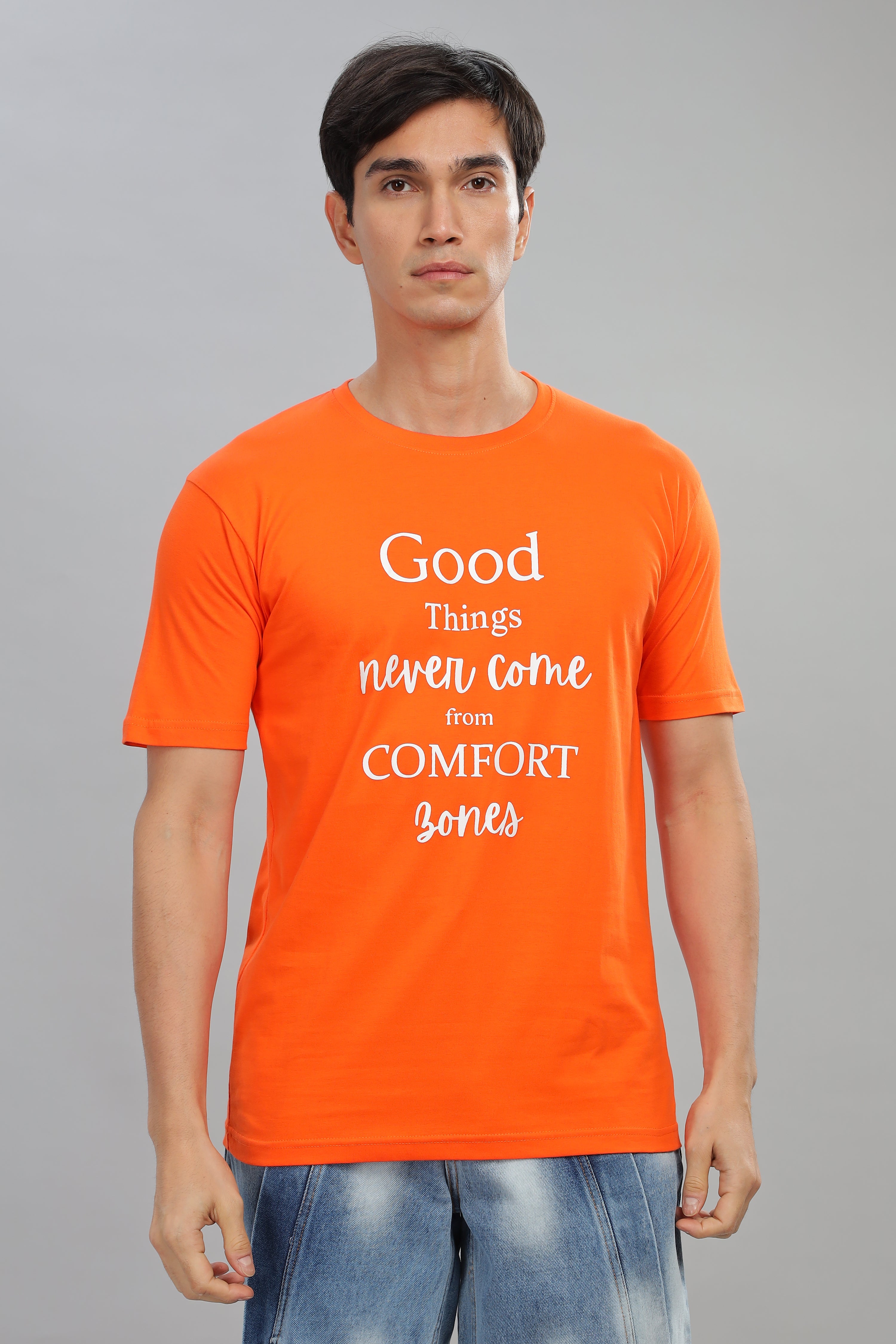 Spice Wardrobe Men’s Orange Premium Cotton Printed T-Shirt 100% Pure Cotton | Comfortable Regular Fit for Casual & Active Wear