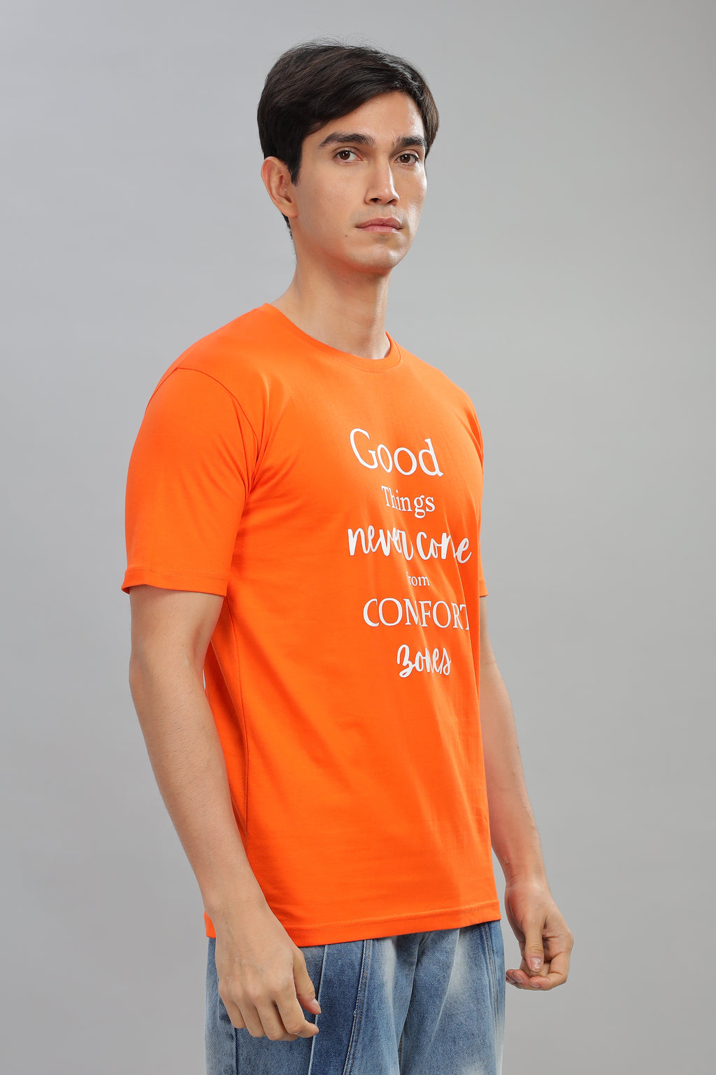 Spice Wardrobe Men’s Orange Premium Cotton Printed T-Shirt 100% Pure Cotton | Comfortable Regular Fit for Casual & Active Wear