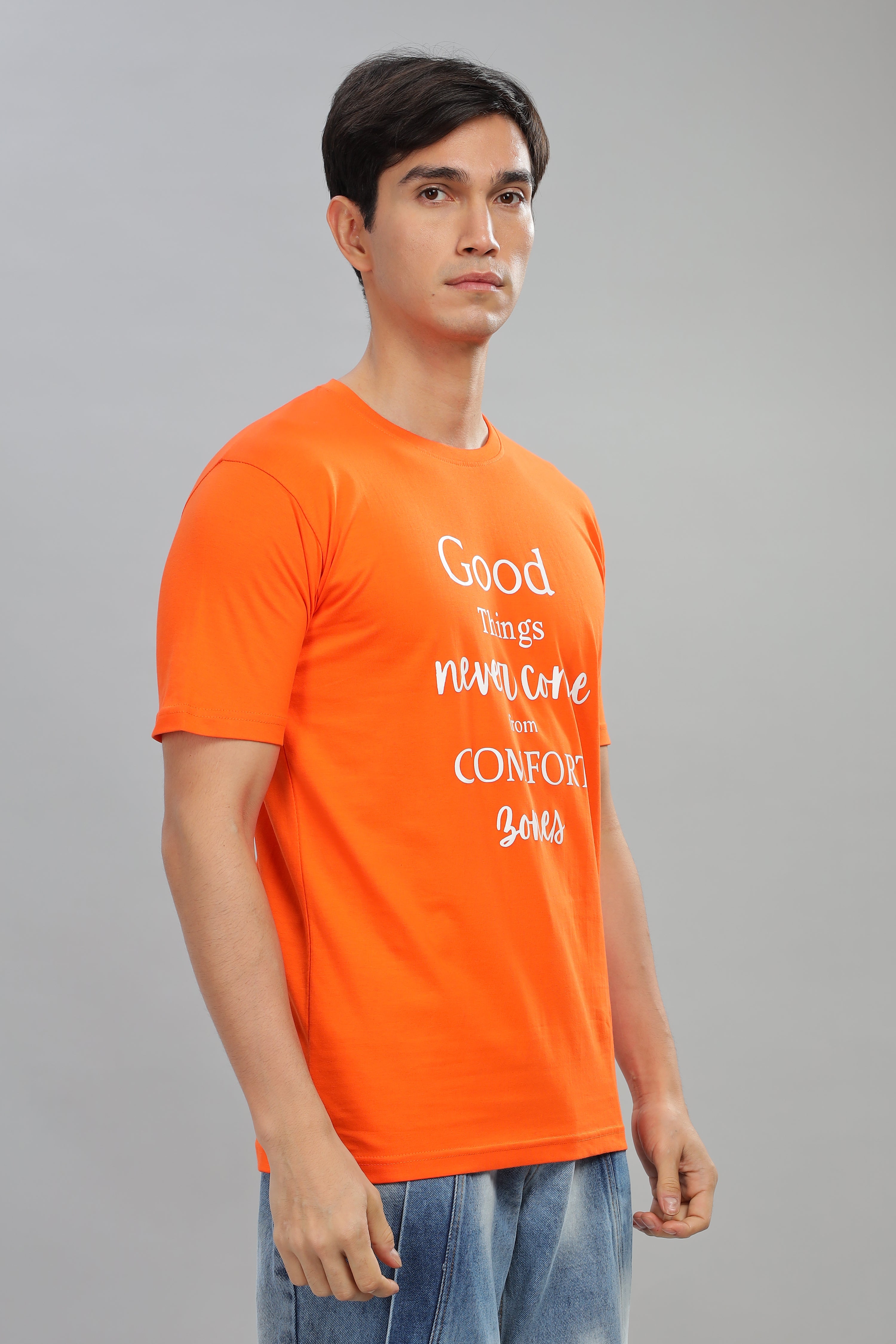Spice Wardrobe Men’s Orange Premium Cotton Printed T-Shirt 100% Pure Cotton | Comfortable Regular Fit for Casual & Active Wear