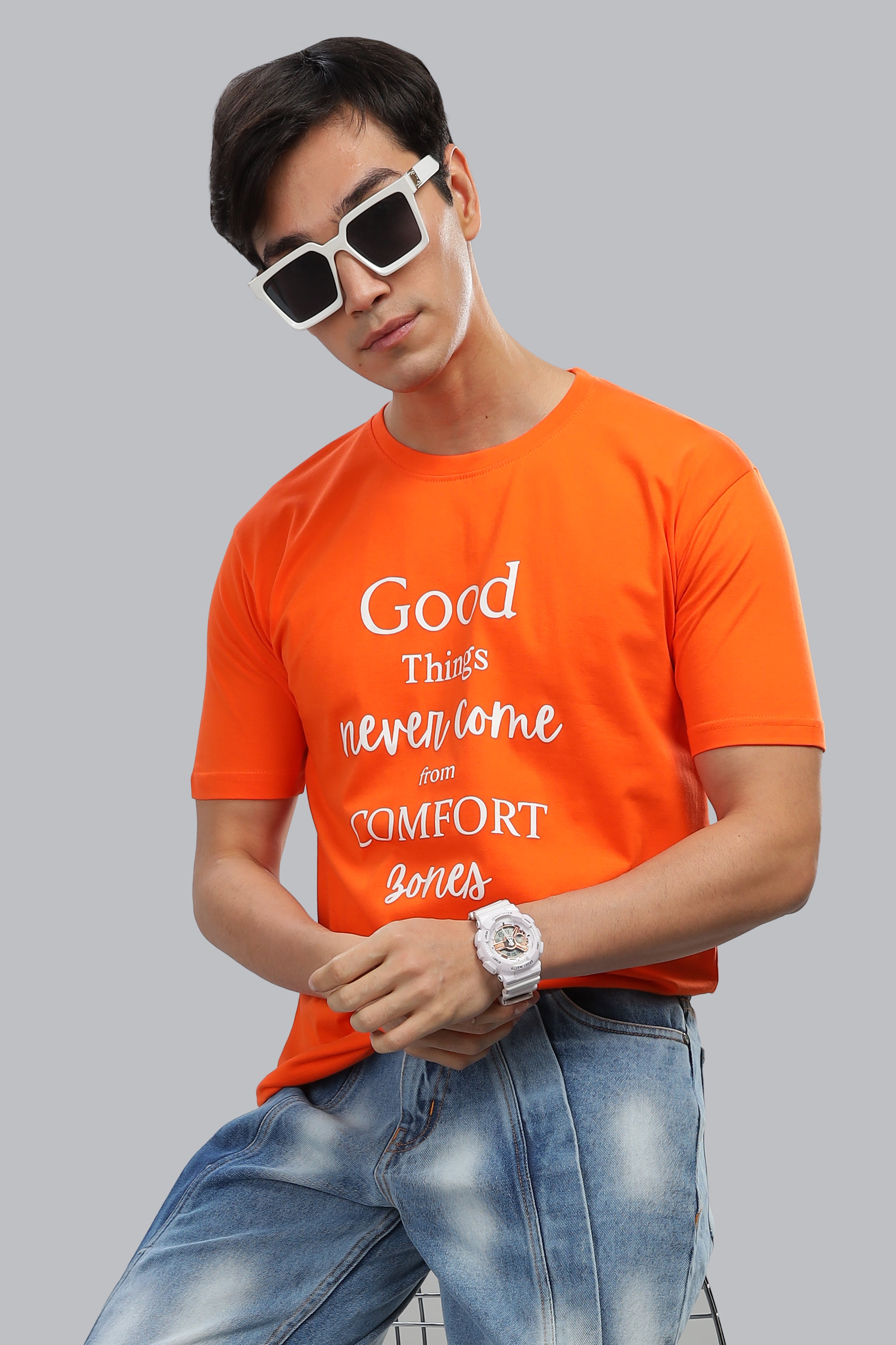 Spice Wardrobe Men’s Orange Premium Cotton Printed T-Shirt 100% Pure Cotton | Comfortable Regular Fit for Casual & Active Wear