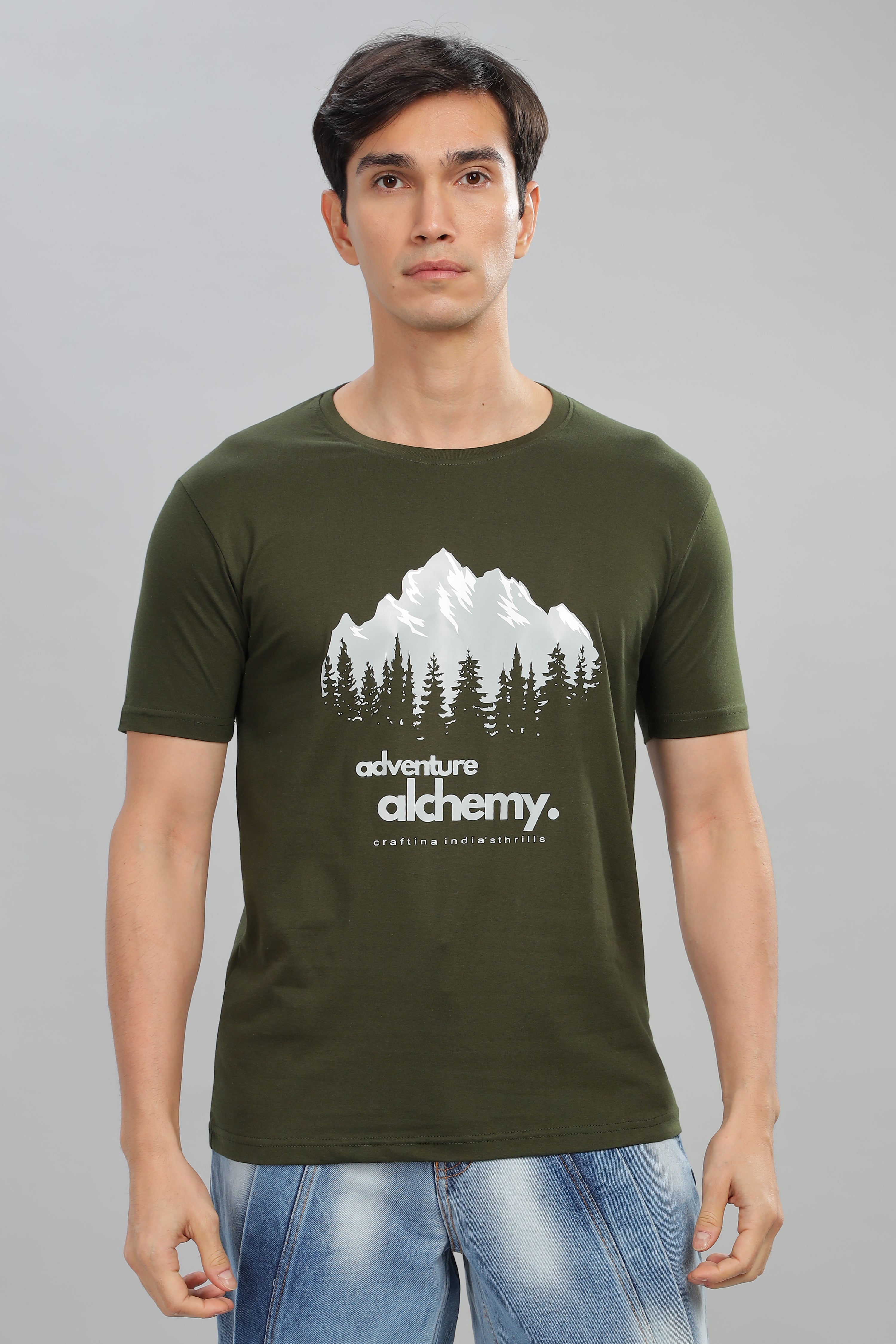 Spice Wardrobe Men’s Olive Premium Cotton Printed T-Shirt 100% Pure Cotton | Comfortable Regular Fit for Casual & Active Wear