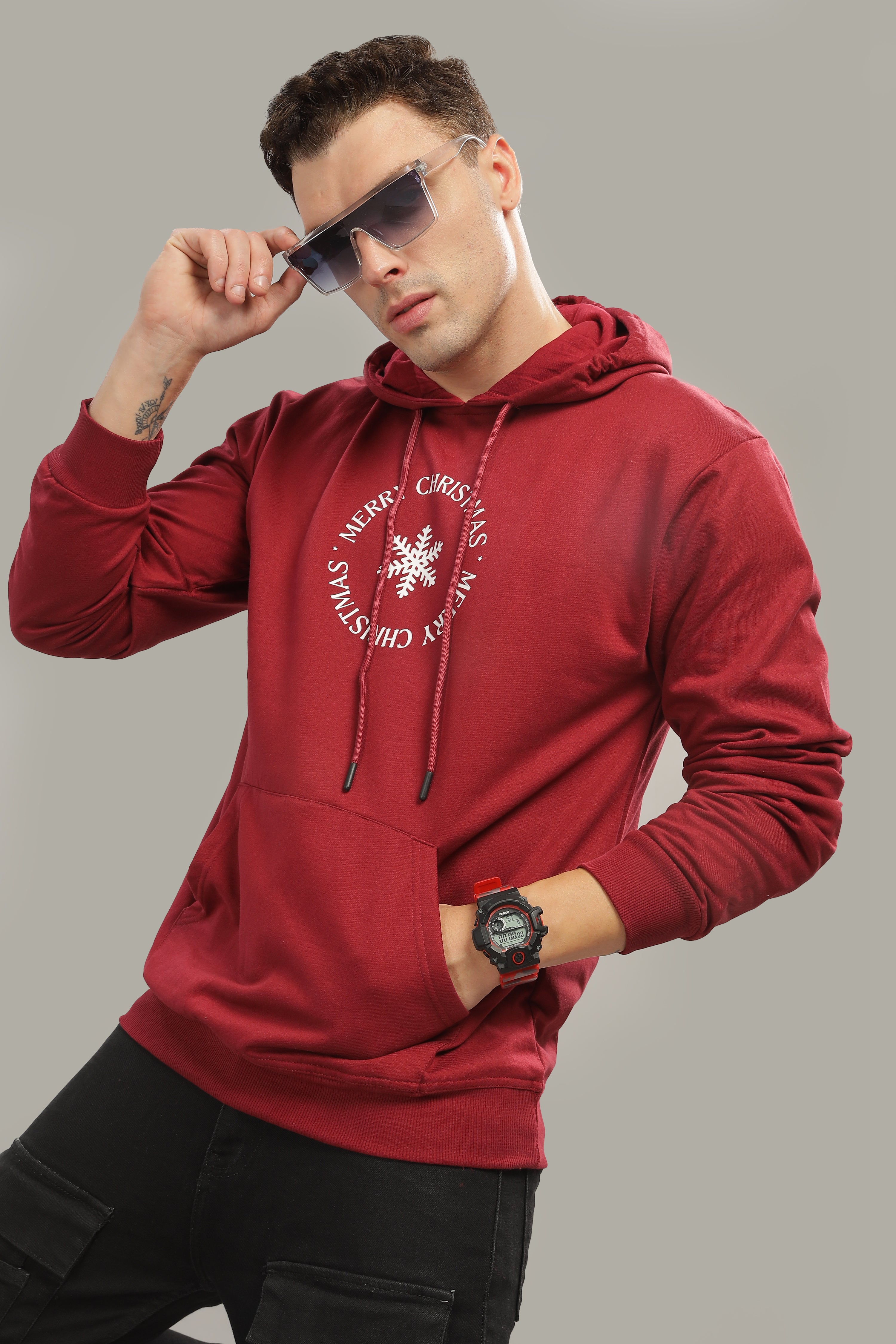 Spice Wardrobe Maroon Printed Hoodie for Men/Women || Casual Regular Wear Printed Solid Cotton Fleece Hoodie Sweatshirt