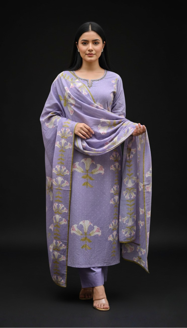 Spice Wardrobe Elegant Floral Printed Cotton Kurta Pant Dupatta Set