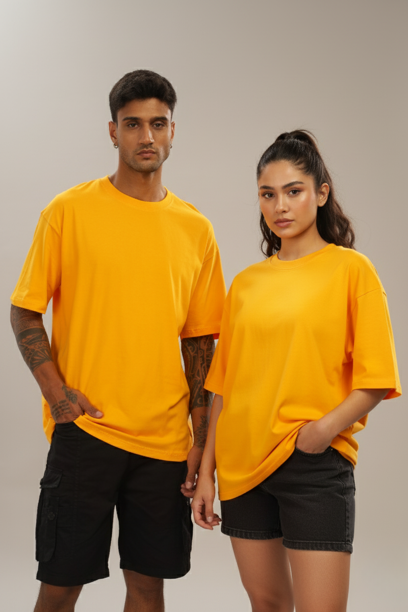 Spice Wardrobe Men Half Sleeve Oversized T-shirt, Round Neck Longline Drop Shoulder | Plain Yellow Relaxed Fit T-Shirt 100% Cotton 180 GSM Fabric