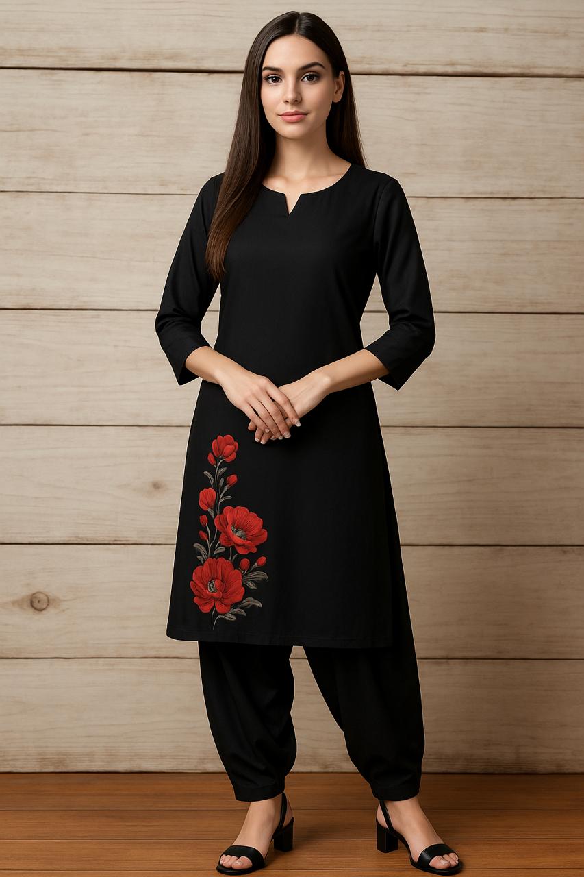 Spice Wardrobe - Women's Black  Ethnic Co-Ord Set| Afghan and Kurti | Premium 100% Cotton | Rich Ultra Soft Fabric | Solid Color Printed