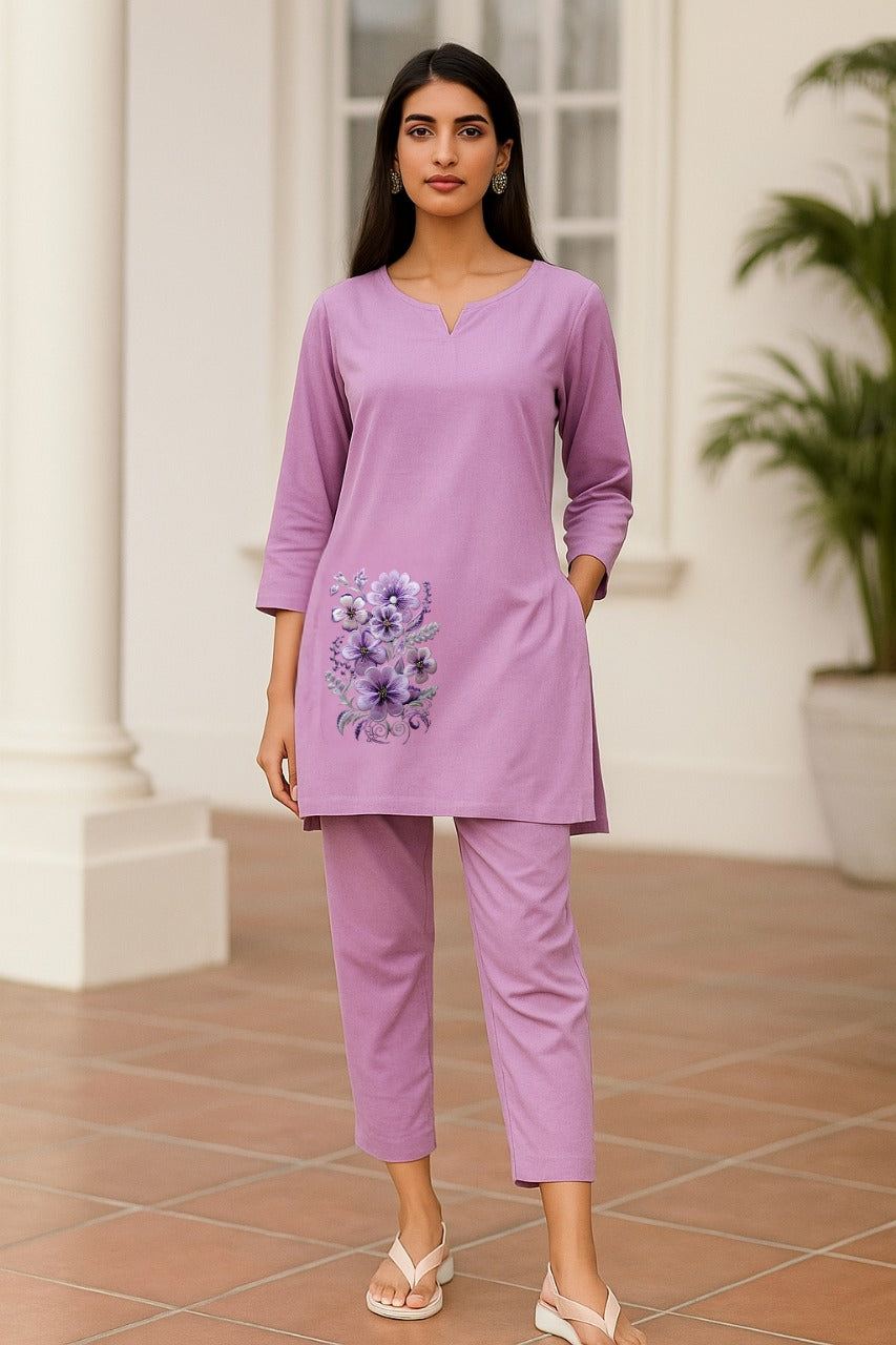 Spice Wardrobe - Women's Lavender Ethnic Co-Ord Set | Premium 100% Cotton | Rich Ultra Soft Fabric | Solid Color Printed