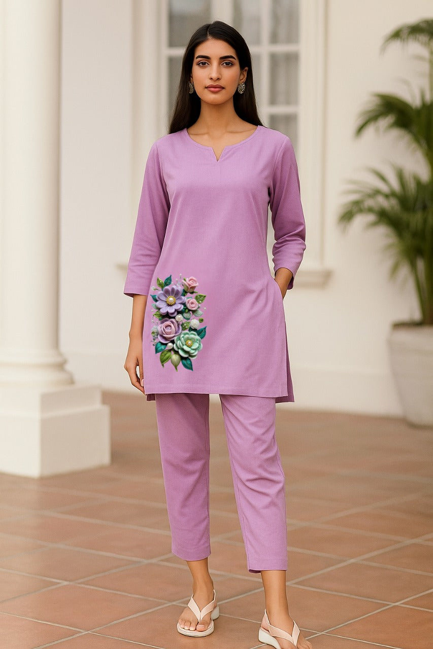 Spice Wardrobe - Women's Lavender Ethnic Co-Ord Set | Premium 100% Cotton | Rich Ultra Soft Fabric | Solid Color Printed