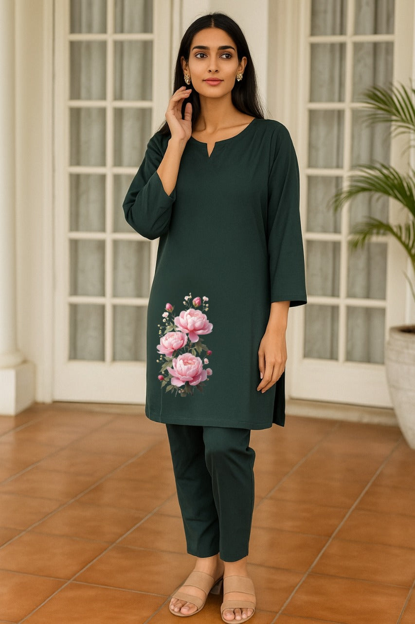 Spice Wardrobe - Women's Bottle Green Ethnic Co-Ord Set | Premium 100% Cotton | Rich Ultra Soft Fabric | Solid Color Printed