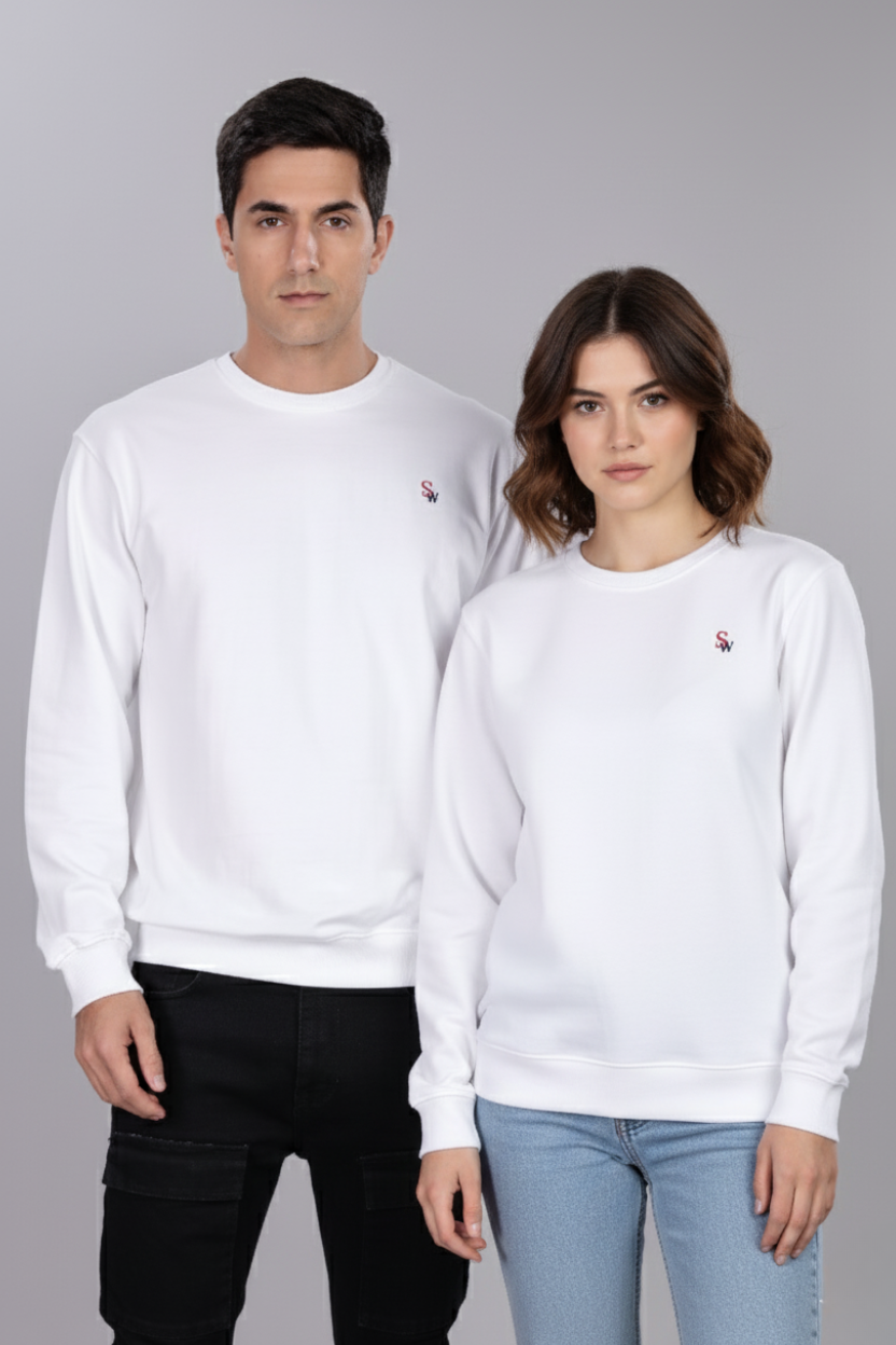 Spice Wardrobe Sweatshirt for Men/Women || Casual Regular Wear Plain White Solid Cotton Sweatshirt || Unisex Fit Casual 260 GSM