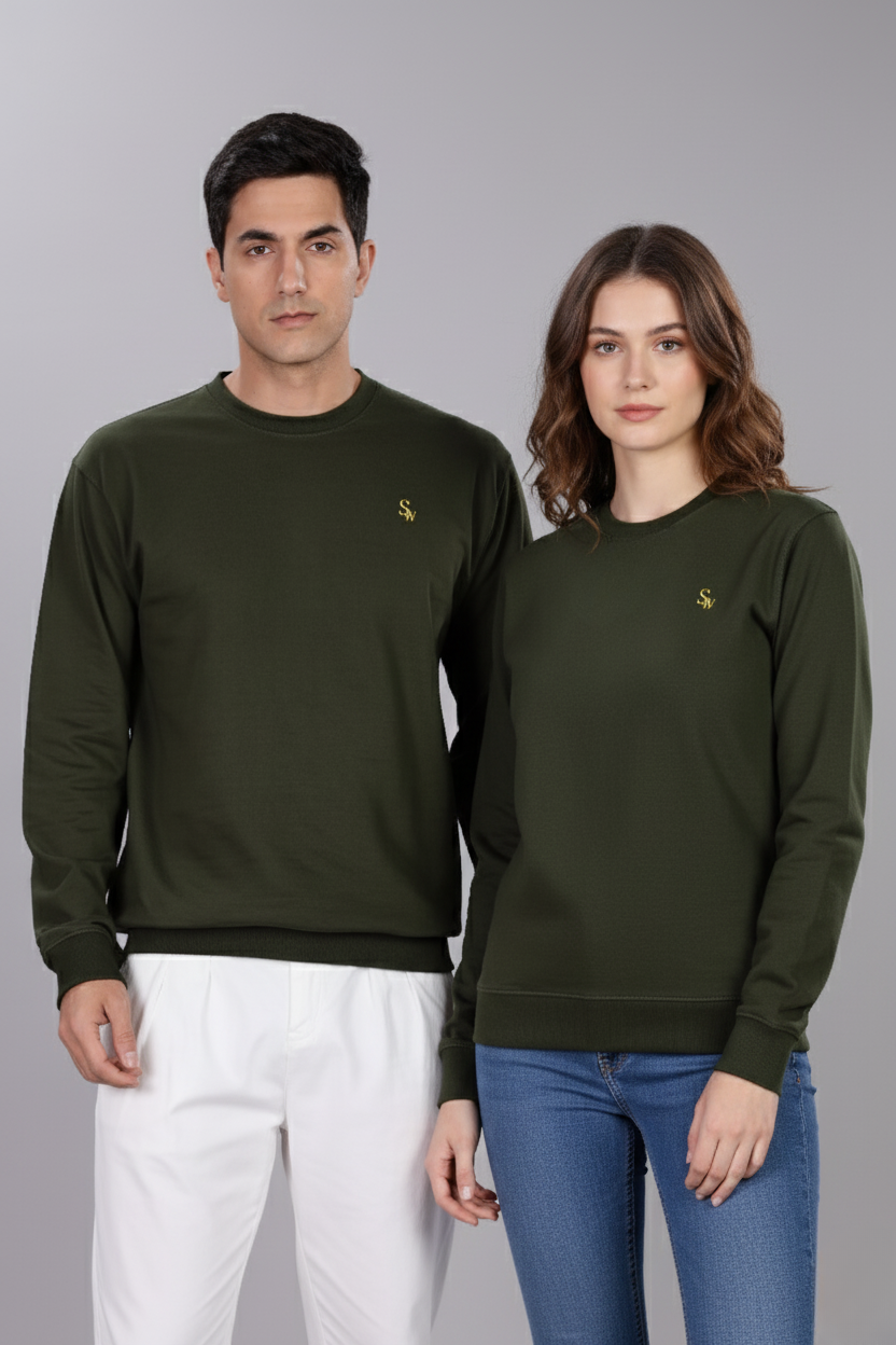 Spice Wardrobe Sweatshirt for Men/Women || Casual Regular Wear Plain Olive Green Solid Cotton Sweatshirt || Unisex Fit Casual 260 GSM
