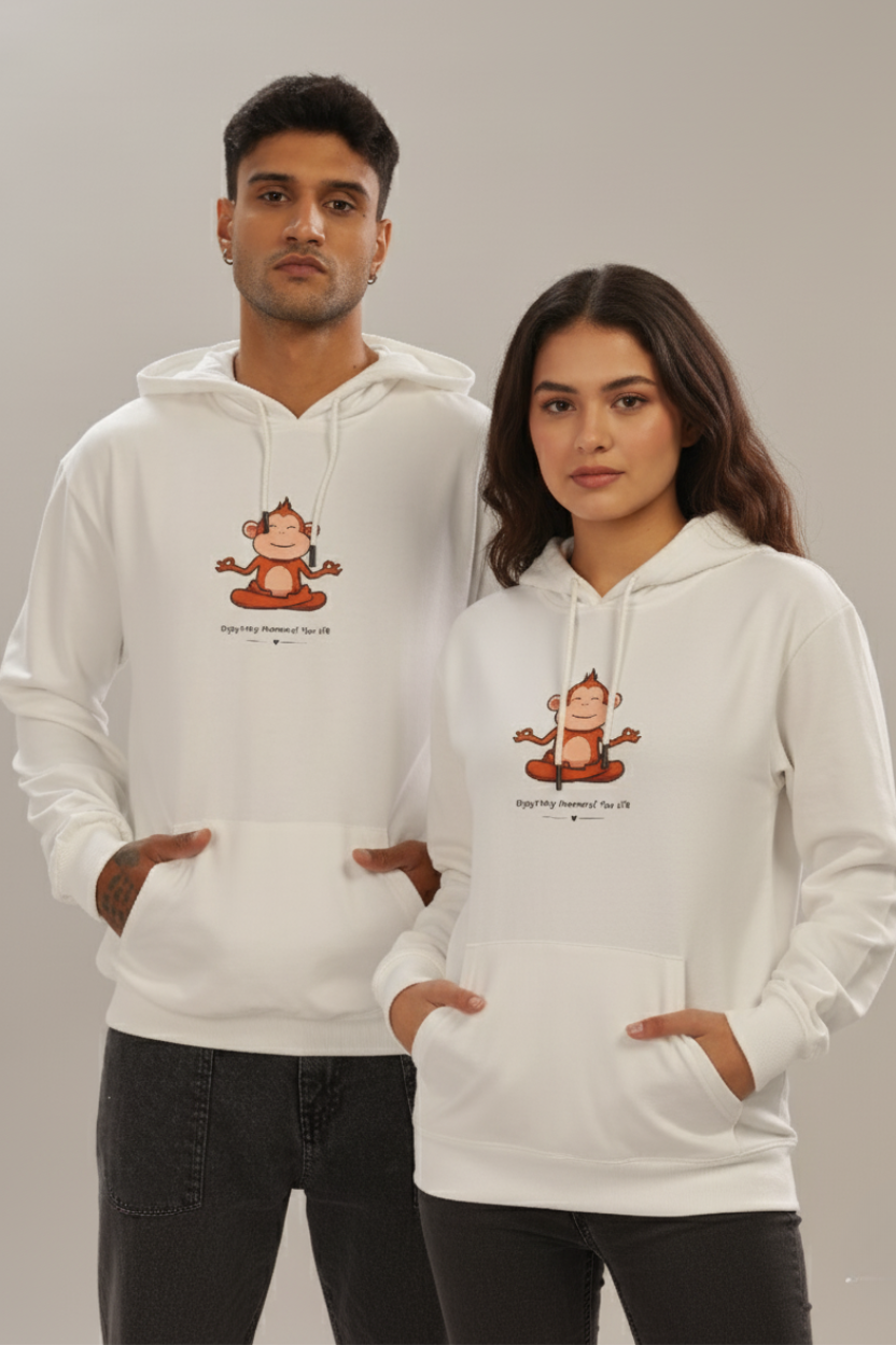 Spice Wardrobe White Printed Hoodie for Men/Women || Casual Regular Wear Printed Solid Cotton Fleece Hoodie Sweatshirt