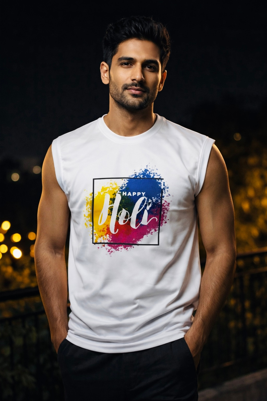 Holi Sleeveless Nylon T-Shirt for Men, White, Colorful Splash Print, Festival Wear