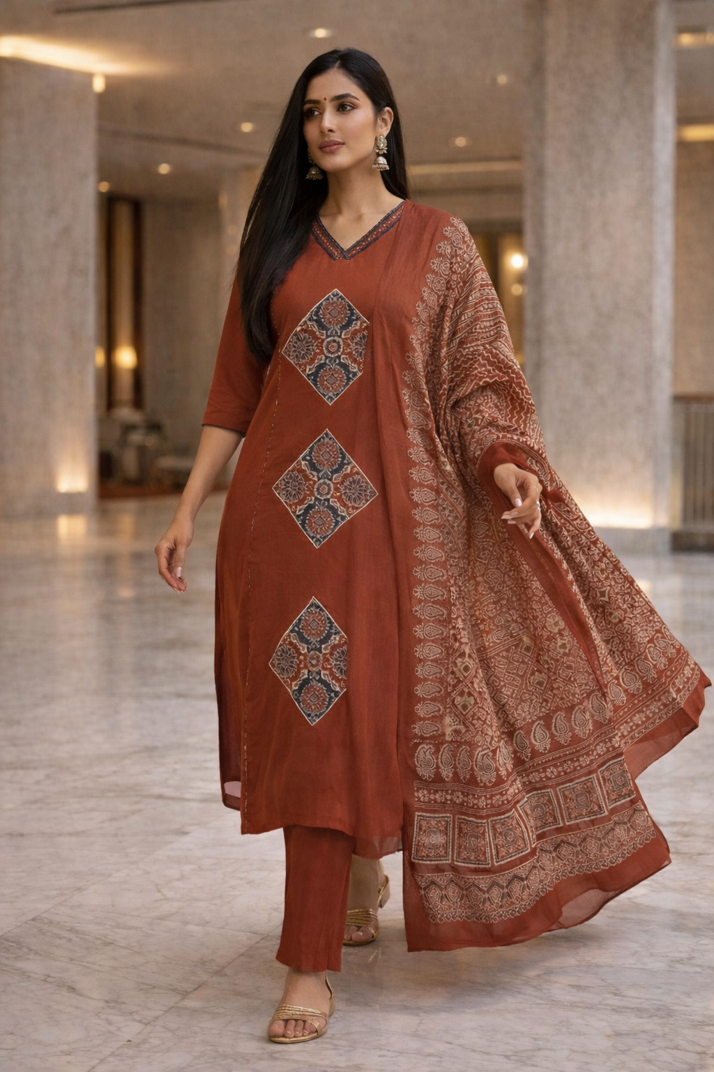 Spice Wardrobe Elegant Rust Orange Printed Cotton Suit