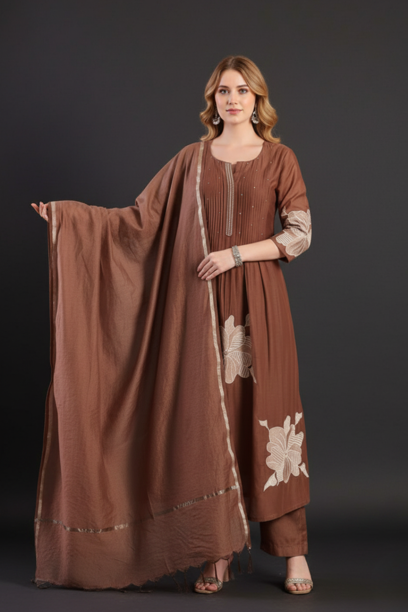 Spice Wardrobe Elegant  Brown Cotton Frock Suit