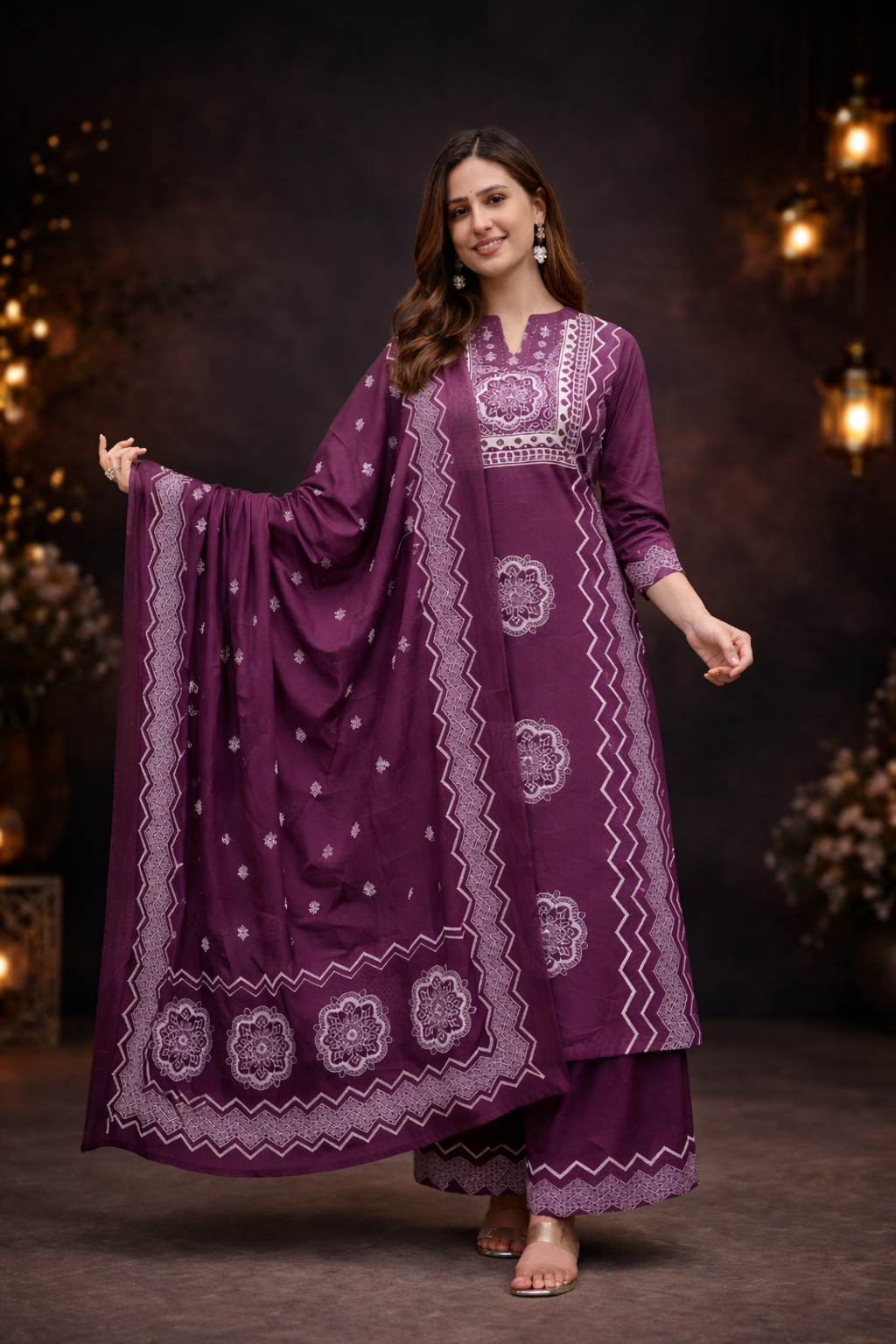Spice Wardrobe Elegant Wine Printed Cotton Suit