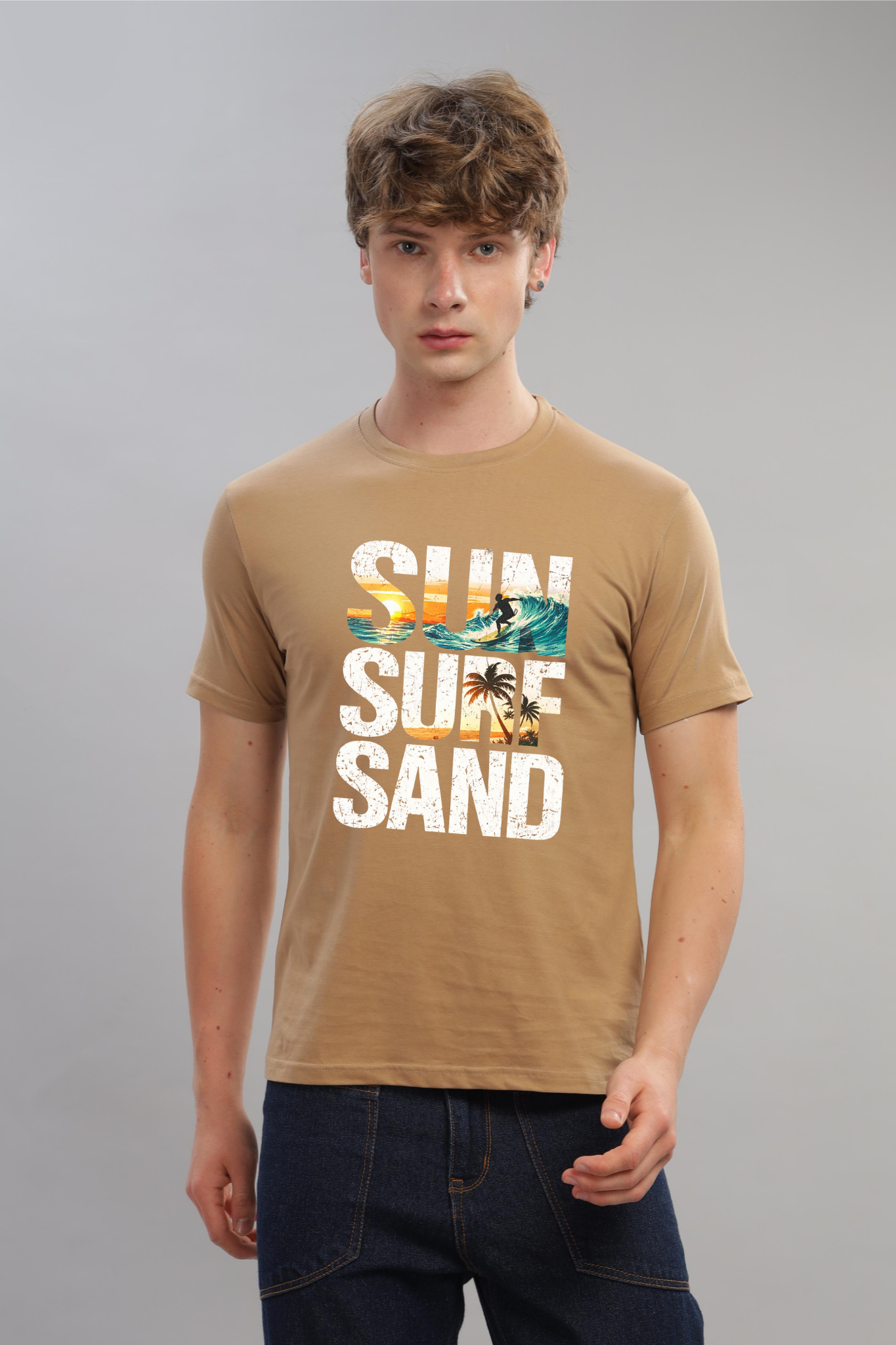 Spice Wardrobe Men’s Beige Premium Cotton Printed T-Shirt 100% Pure Cotton | Comfortable Regular Fit for Casual & Active Wear