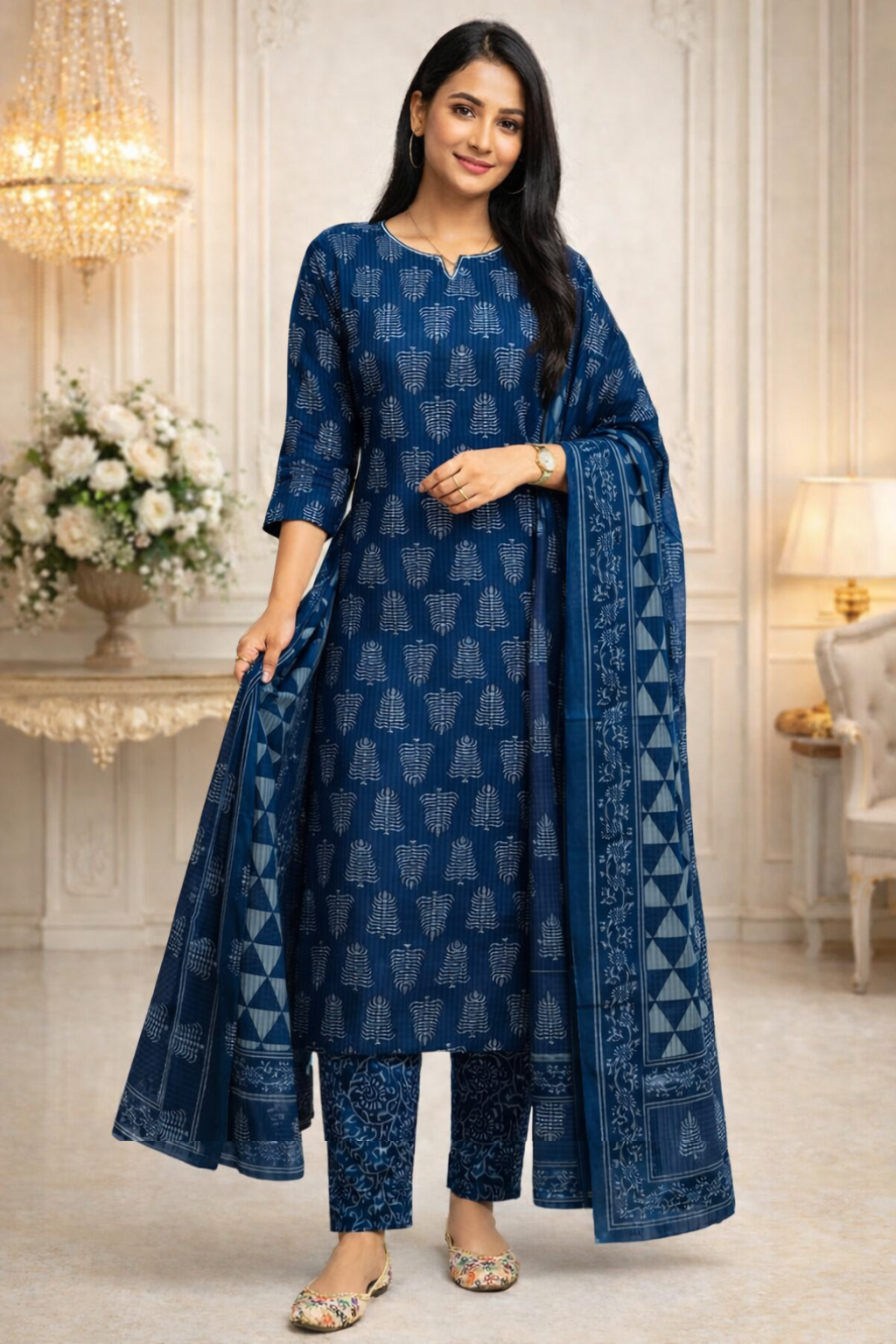 Spice Wardrobe Elegant Deep Navy Blue Printed Cotton Suit