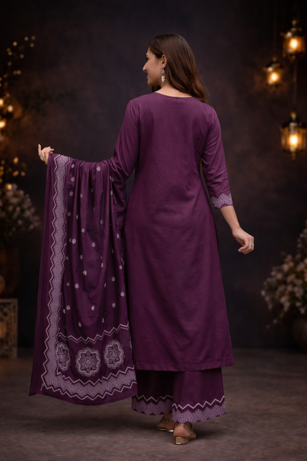 Spice Wardrobe Elegant Wine Printed Cotton Suit