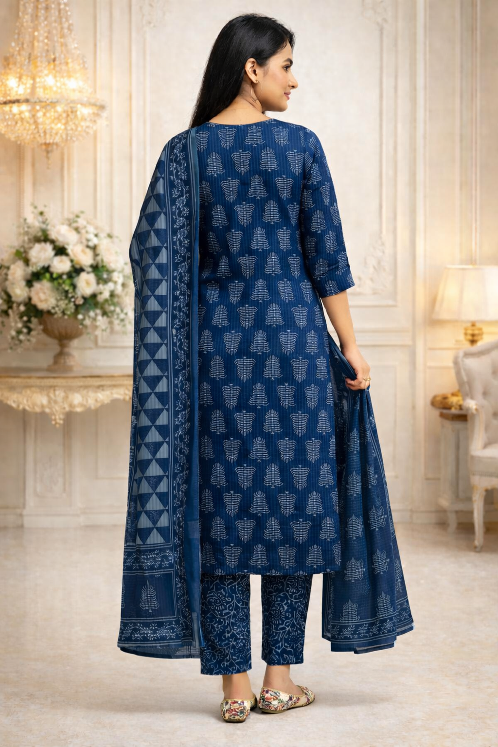 Spice Wardrobe Elegant Deep Navy Blue Printed Cotton Suit