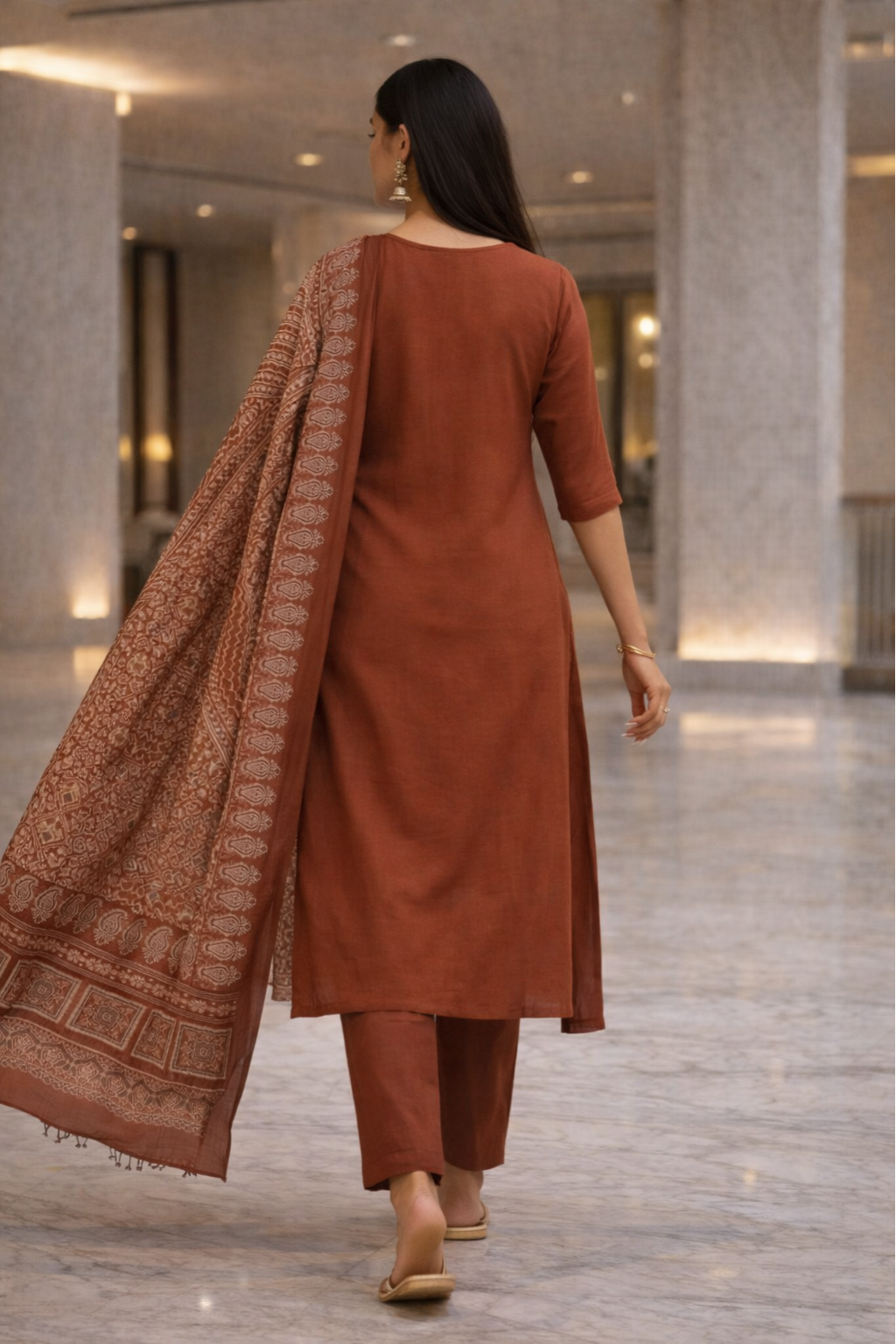 Spice Wardrobe Elegant Rust Orange Printed Cotton Suit