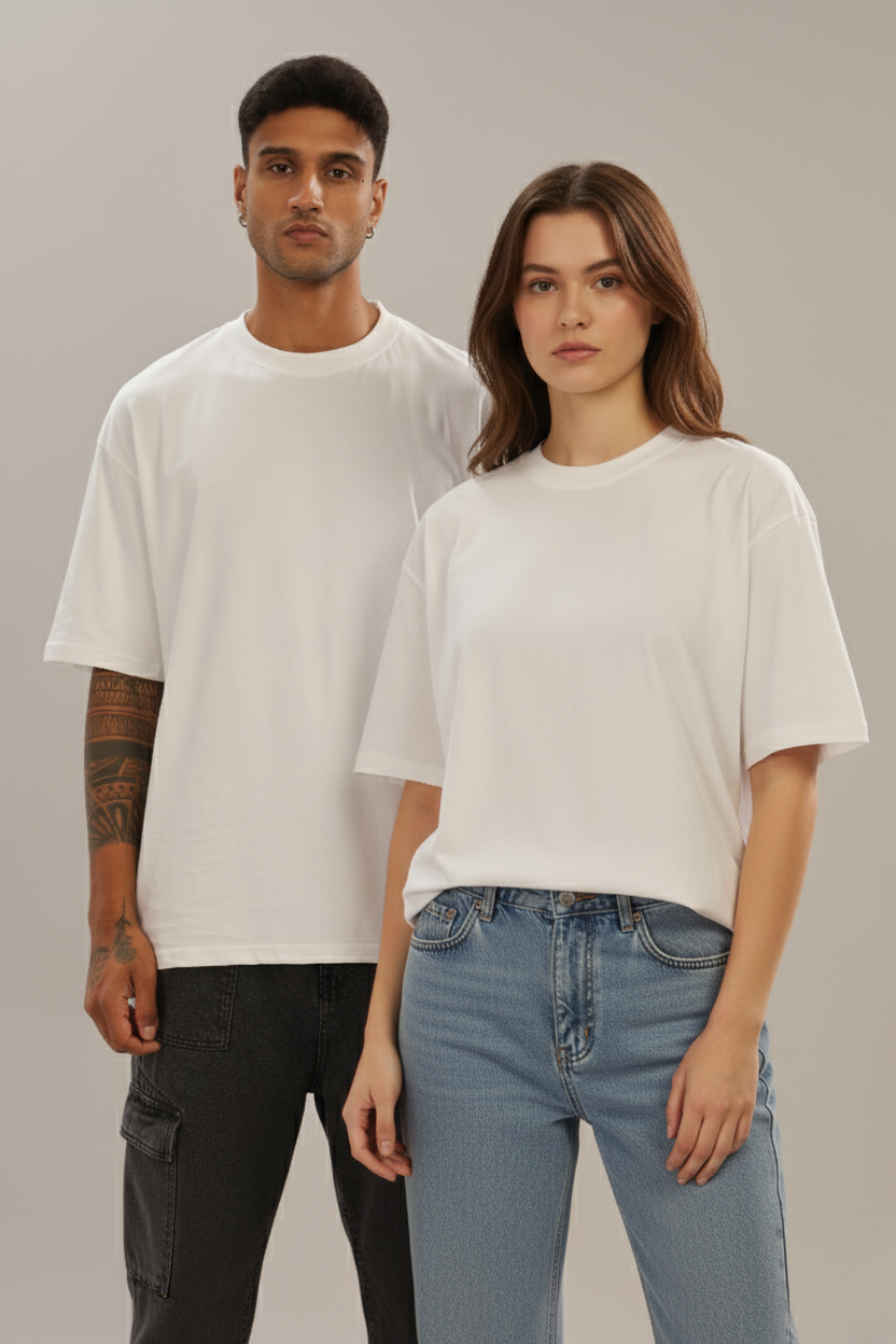 Spice Wardrobe Men Half Sleeve Oversized T-shirt, Round Neck Longline Drop Shoulder | Plain White Relaxed Fit T-Shirt 100% Cotton 180 GSM Fabric