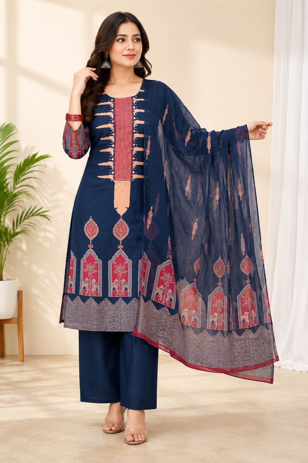 Spice Wardrobe Elegant Blue and maroon Cotton Suit