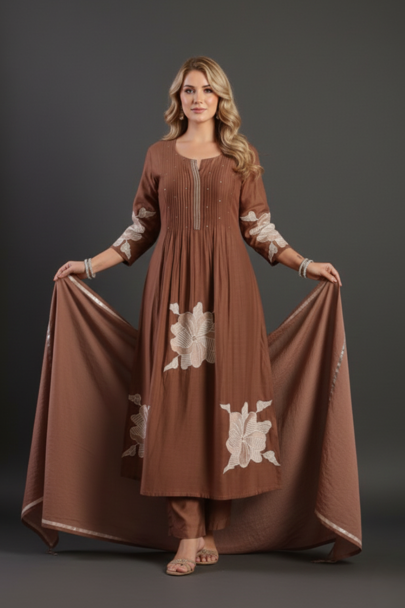 Spice Wardrobe Elegant  Brown Cotton Frock Suit
