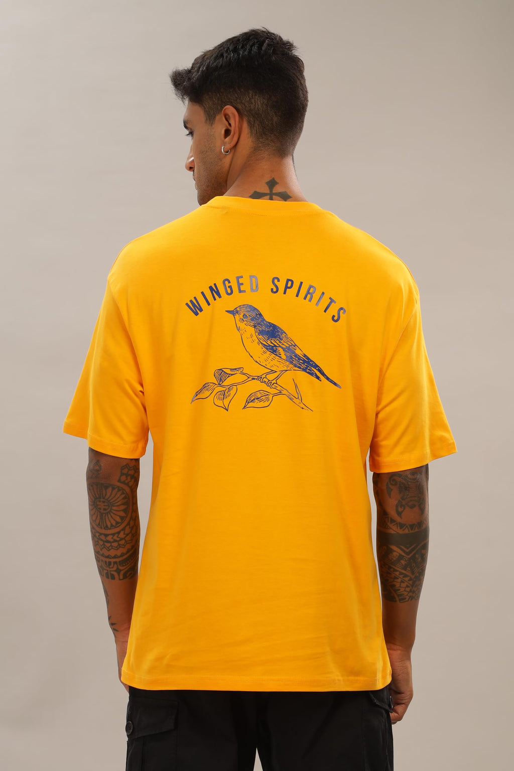 Spice Wardrobe Men Half Sleeve Oversized T-shirt, Round Neck Longline Drop Shoulder | Yellow Printed Relaxed Fit T-Shirt Cotton 180 GSM Fabric