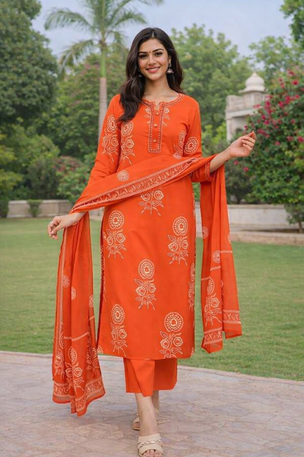 Spice Wardrobe Elegant Orange Printed Cotton Suit