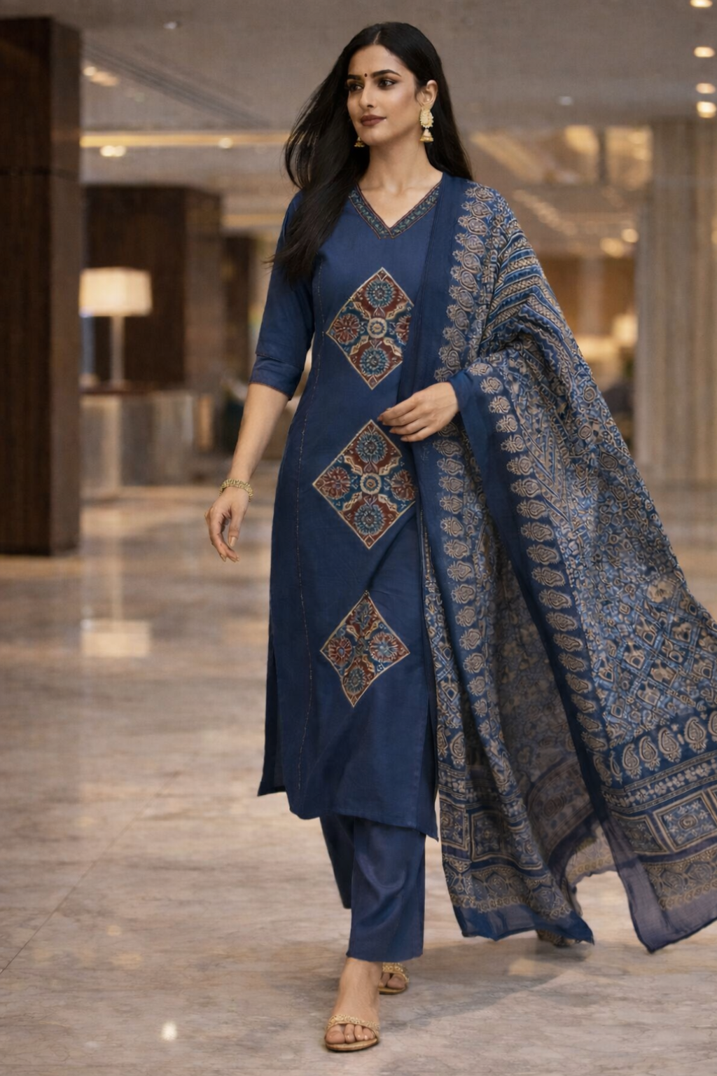 Spice Wardrobe Elegant Blue Printed Cotton Suit