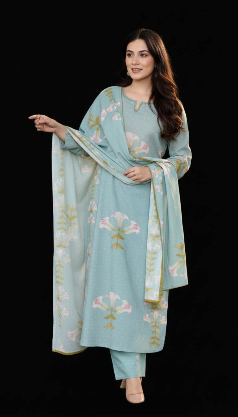 Spice Wardrobe Elegant Floral Printed Cotton Kurta Pant Dupatta Set