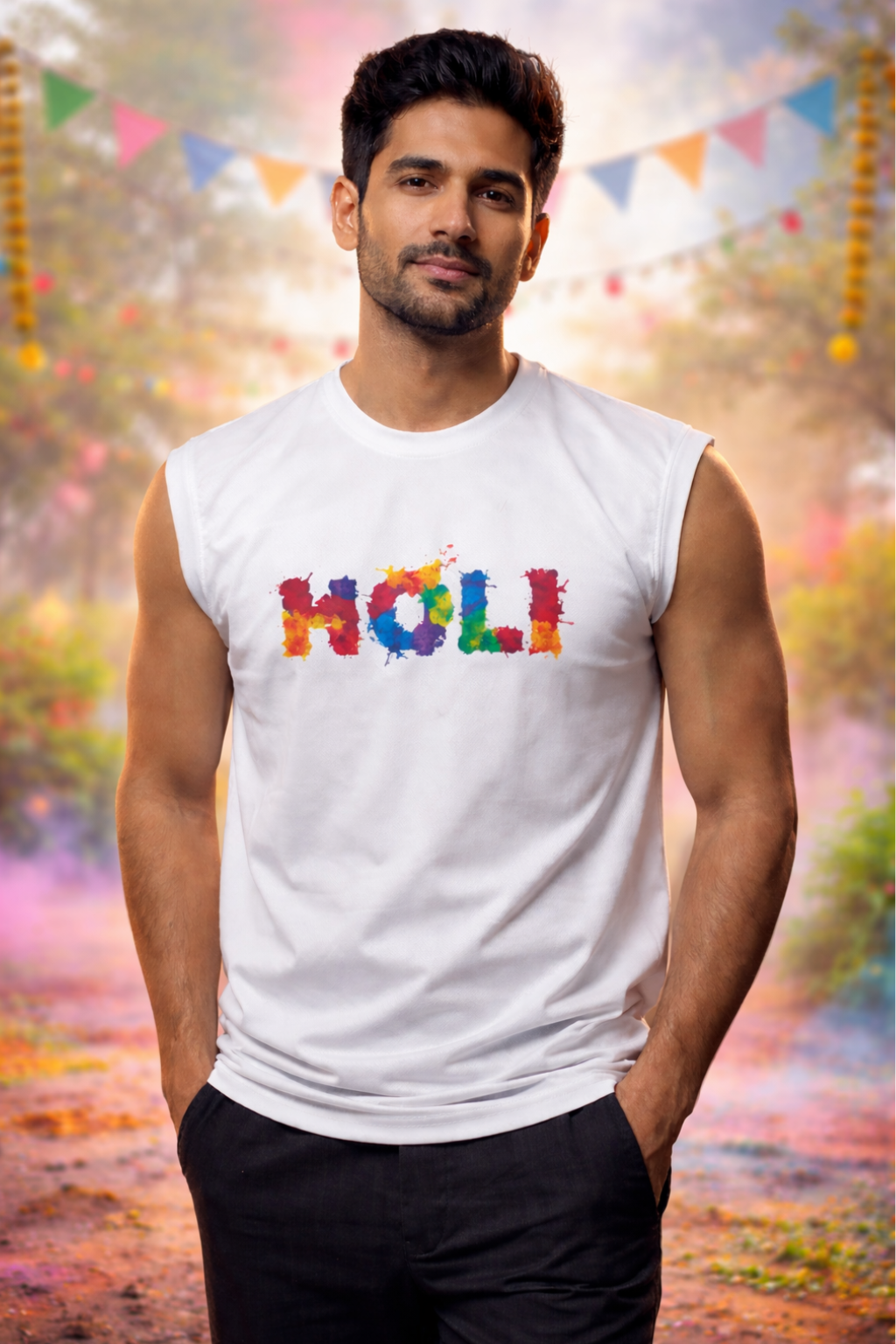 Holi Sleeveless Nylon T-Shirt for Men, White, Colorful Splash Print, Festival Wear