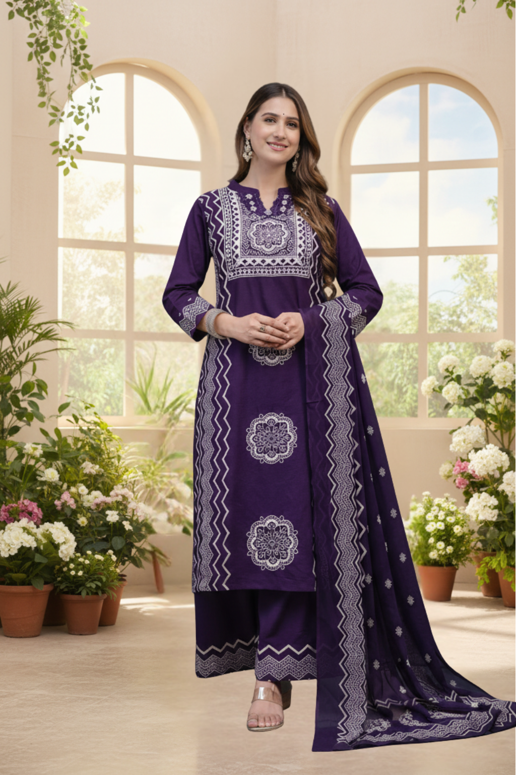 Spice Wardrobe Elegant Purple Printed Cotton Suit