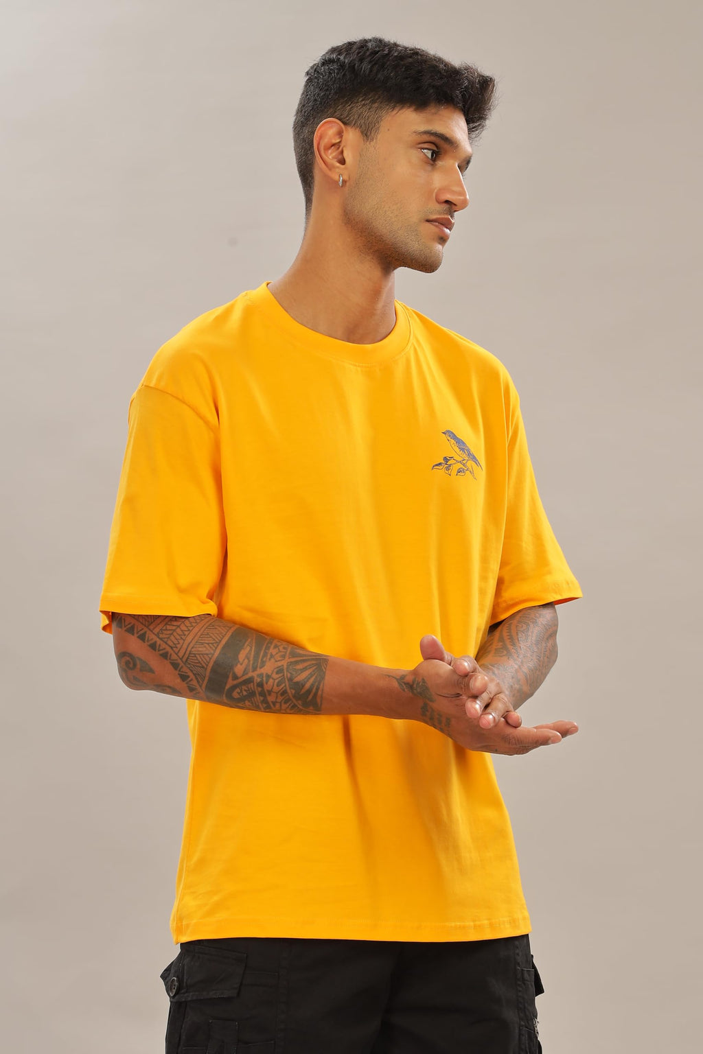 Spice Wardrobe Men Half Sleeve Oversized T-shirt, Round Neck Longline Drop Shoulder | Yellow Printed Relaxed Fit T-Shirt Cotton 180 GSM Fabric