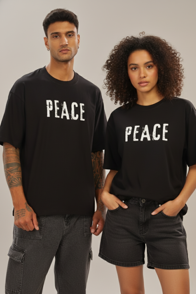 Spice Wardrobe Men Half Sleeve Oversized T-shirt, Round Neck Longline Drop Shoulder | Black Printed Relaxed Fit T-Shirt Cotton 180 GSM Fabric