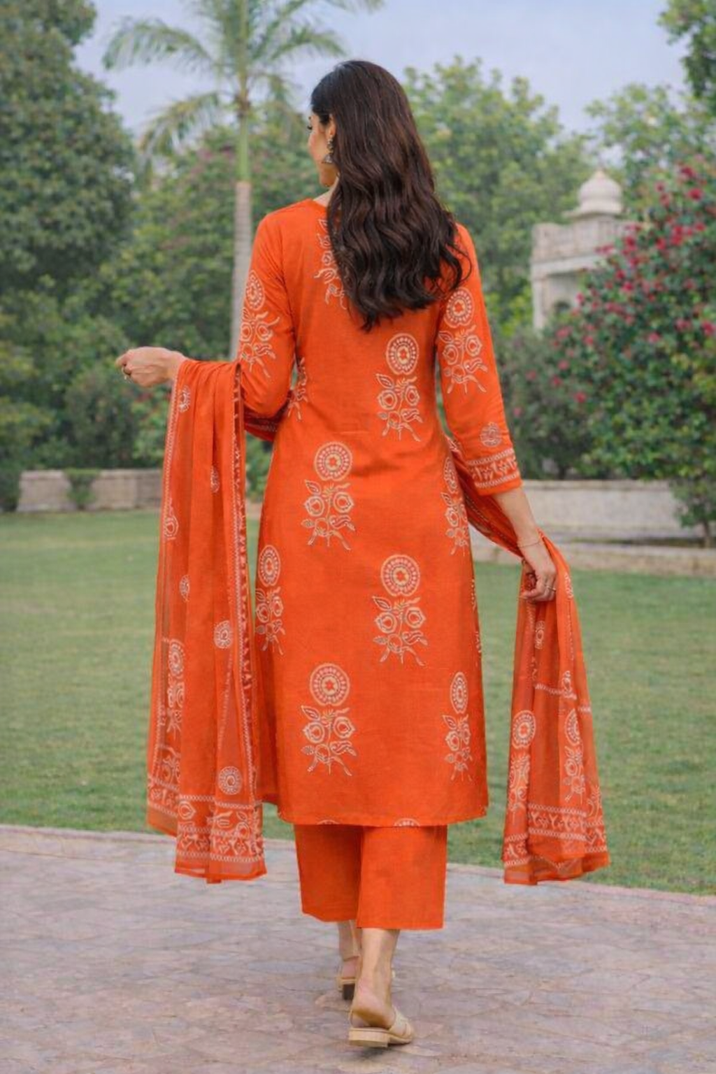 Spice Wardrobe Elegant Orange Printed Cotton Suit