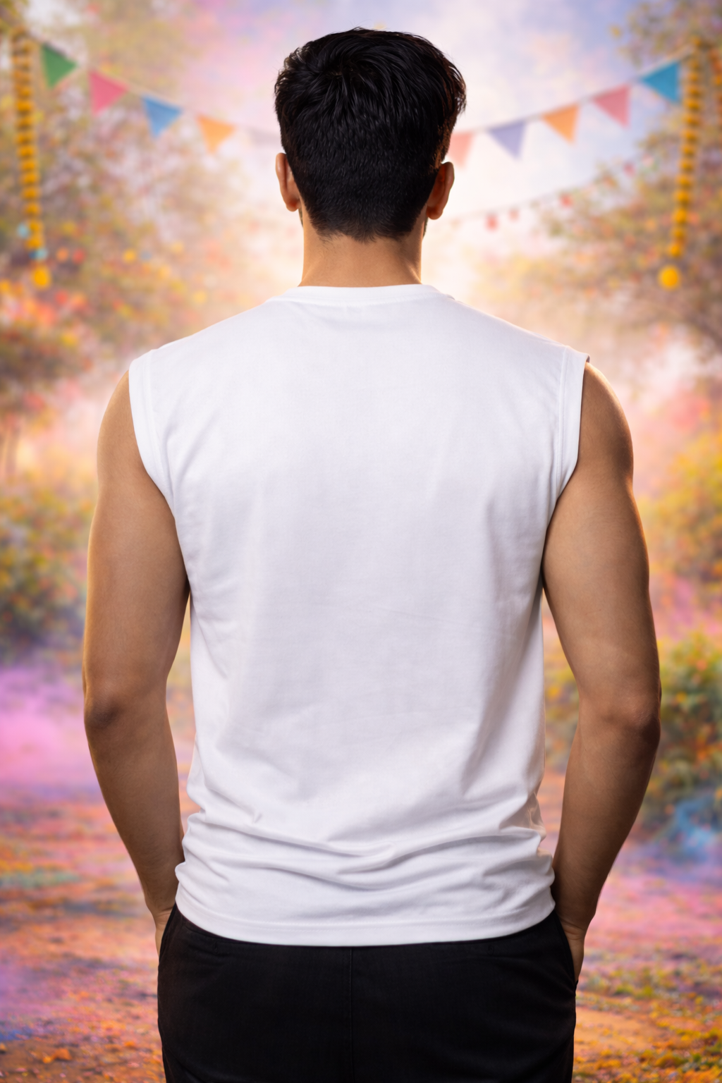 Holi Sleeveless Nylon T-Shirt for Men, White, Colorful Splash Print, Festival Wear