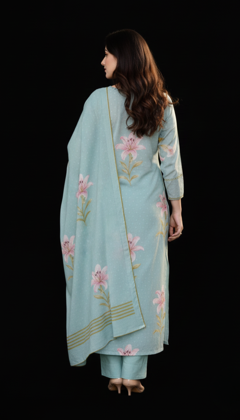 Spice Wardrobe Elegant Floral Printed Cotton Kurta Pant Dupatta Set