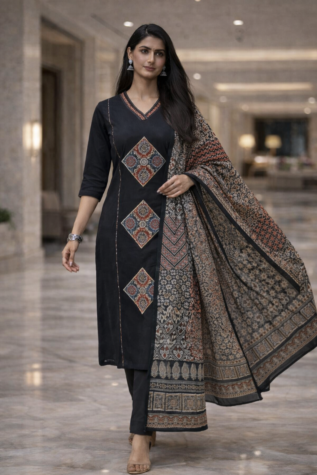 Spice Wardrobe Elegant Black Printed Cotton Suit