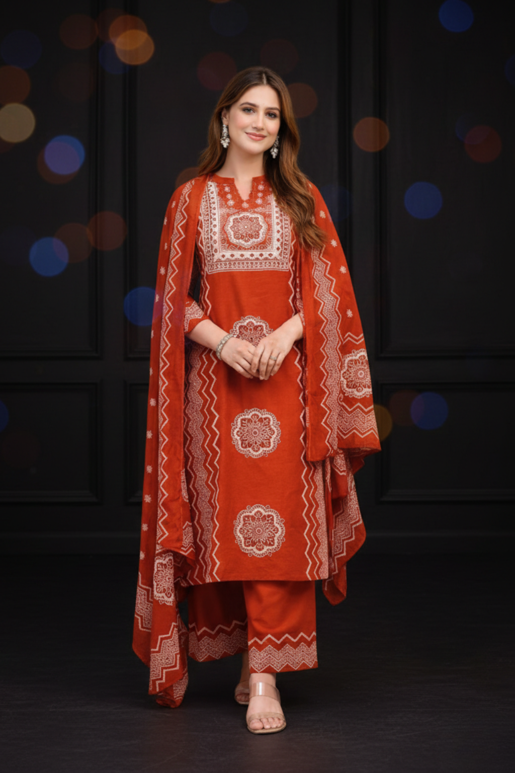 Spice Wardrobe Elegant Orange Printed Cotton Suit
