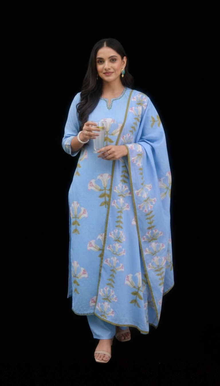 Spice Wardrobe Elegant Floral Printed Cotton Kurta Pant Dupatta Set