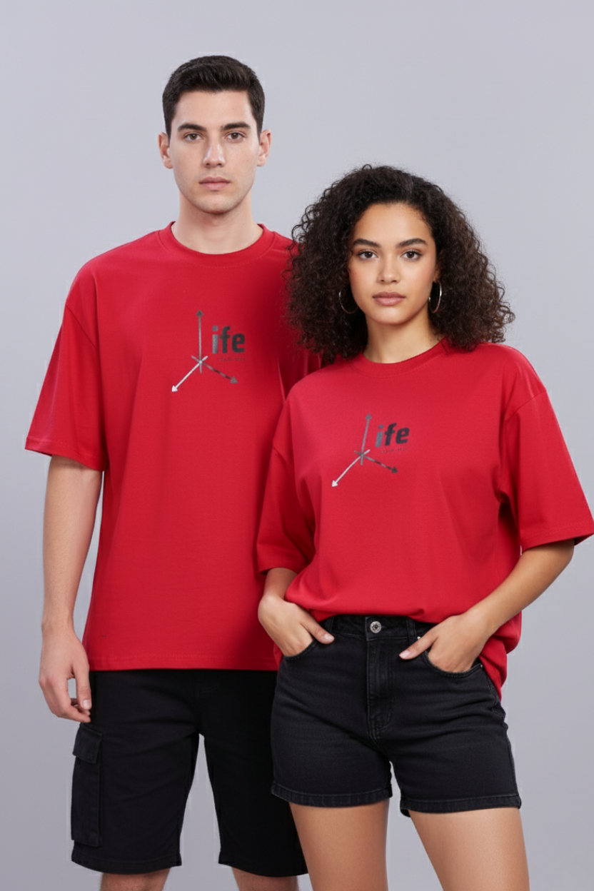 Spice Wardrobe Men Half Sleeve  Oversized T-shirt, Round Neck Longline Drop Shoulder | Red Printed Relaxed Fit T-Shirt Cotton 180 GSM Fabric
