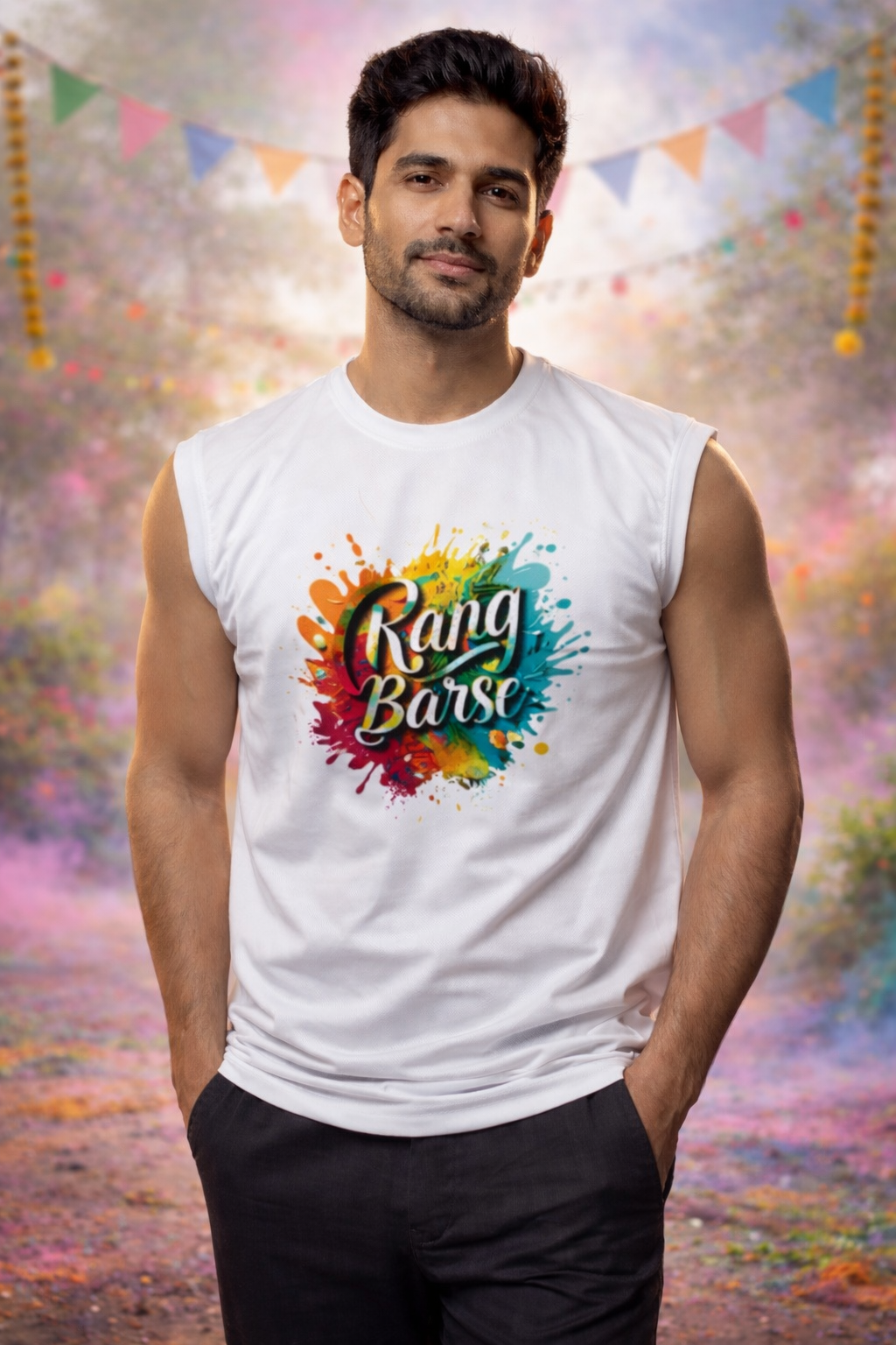 Holi Sleeveless Nylon T-Shirt for Men, White, Colorful Splash Print, Festival Wear