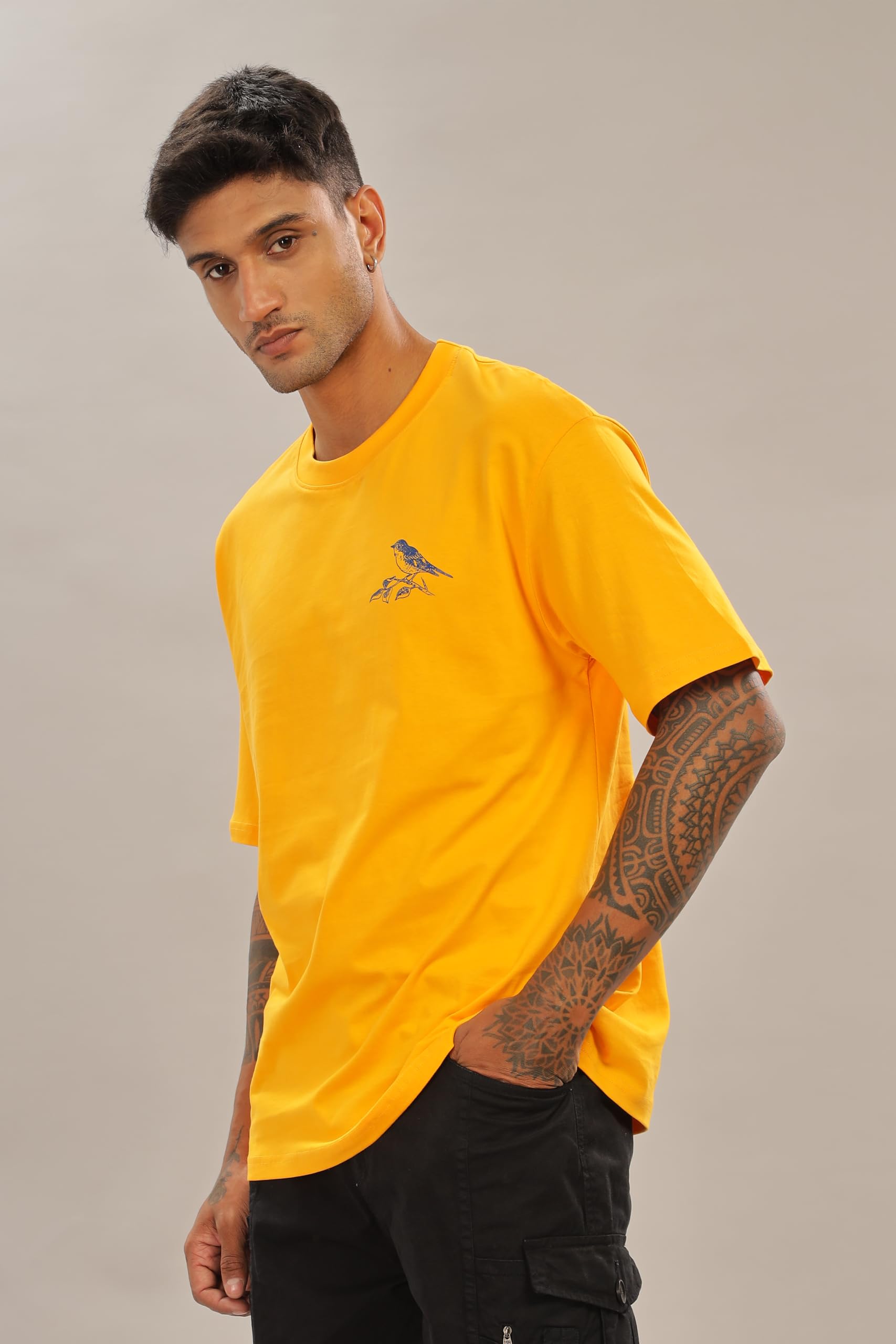 Spice Wardrobe Men Half Sleeve Oversized T-shirt, Round Neck Longline Drop Shoulder | Yellow Printed Relaxed Fit T-Shirt Cotton 180 GSM Fabric