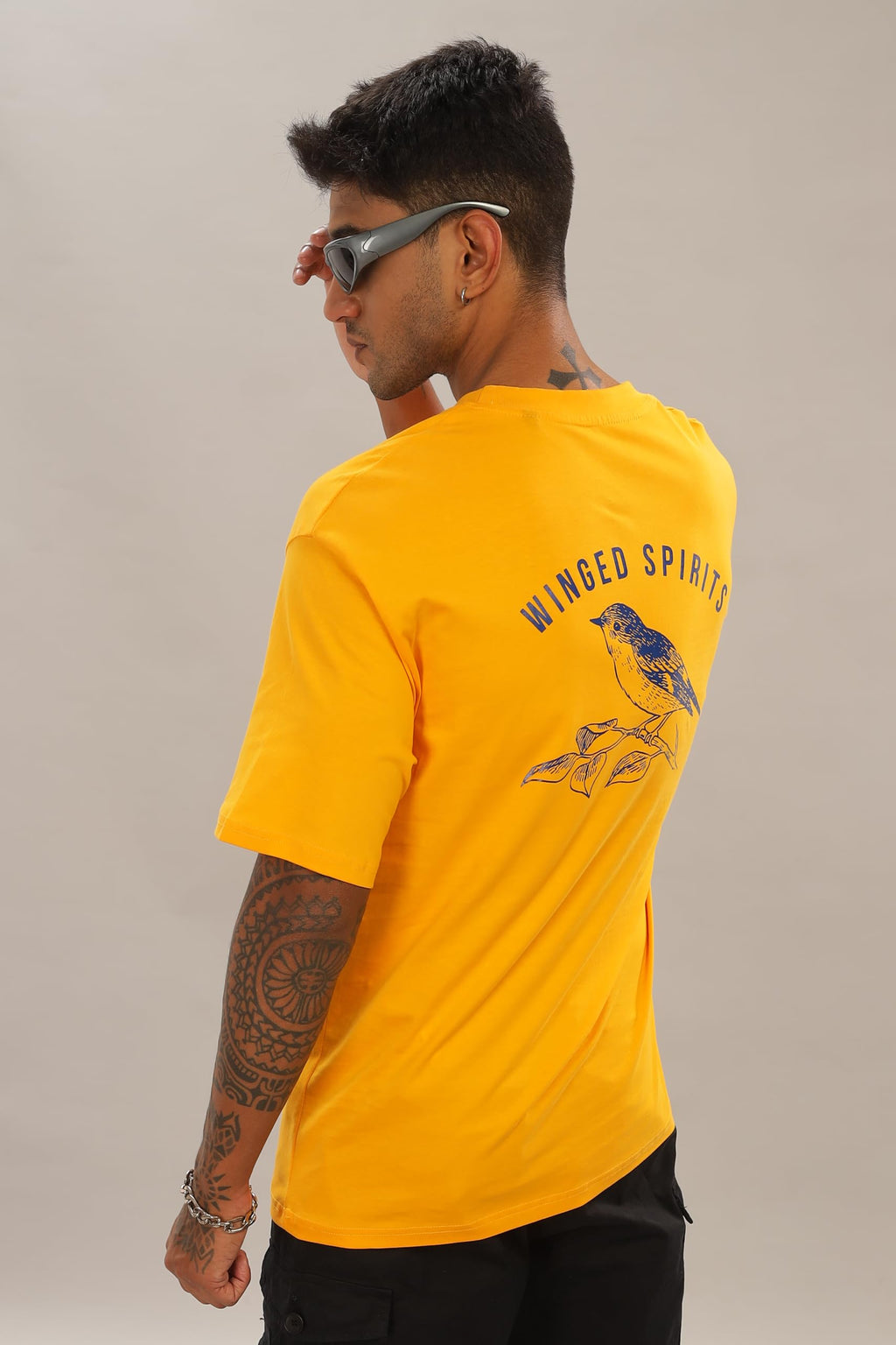 Spice Wardrobe Men Half Sleeve Oversized T-shirt, Round Neck Longline Drop Shoulder | Yellow Printed Relaxed Fit T-Shirt Cotton 180 GSM Fabric